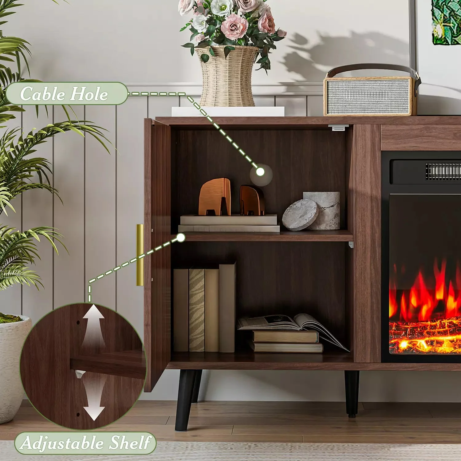 Electric Fireplace TV Stand, 58" Fluted Entertainment Center with 23" Electric Fireplace, Mid Century Console with Sturdy Wood Leg & Adjustable Shelves for TVs Up to 65" for Living Room - Image 5