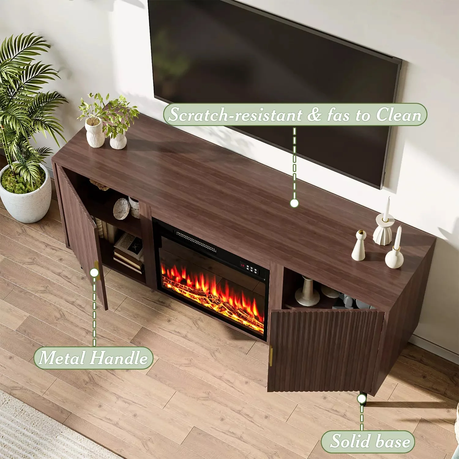 Electric Fireplace TV Stand, 58" Fluted Entertainment Center with 23" Electric Fireplace, Mid Century Console with Sturdy Wood Leg & Adjustable Shelves for TVs Up to 65" for Living Room - Image 7