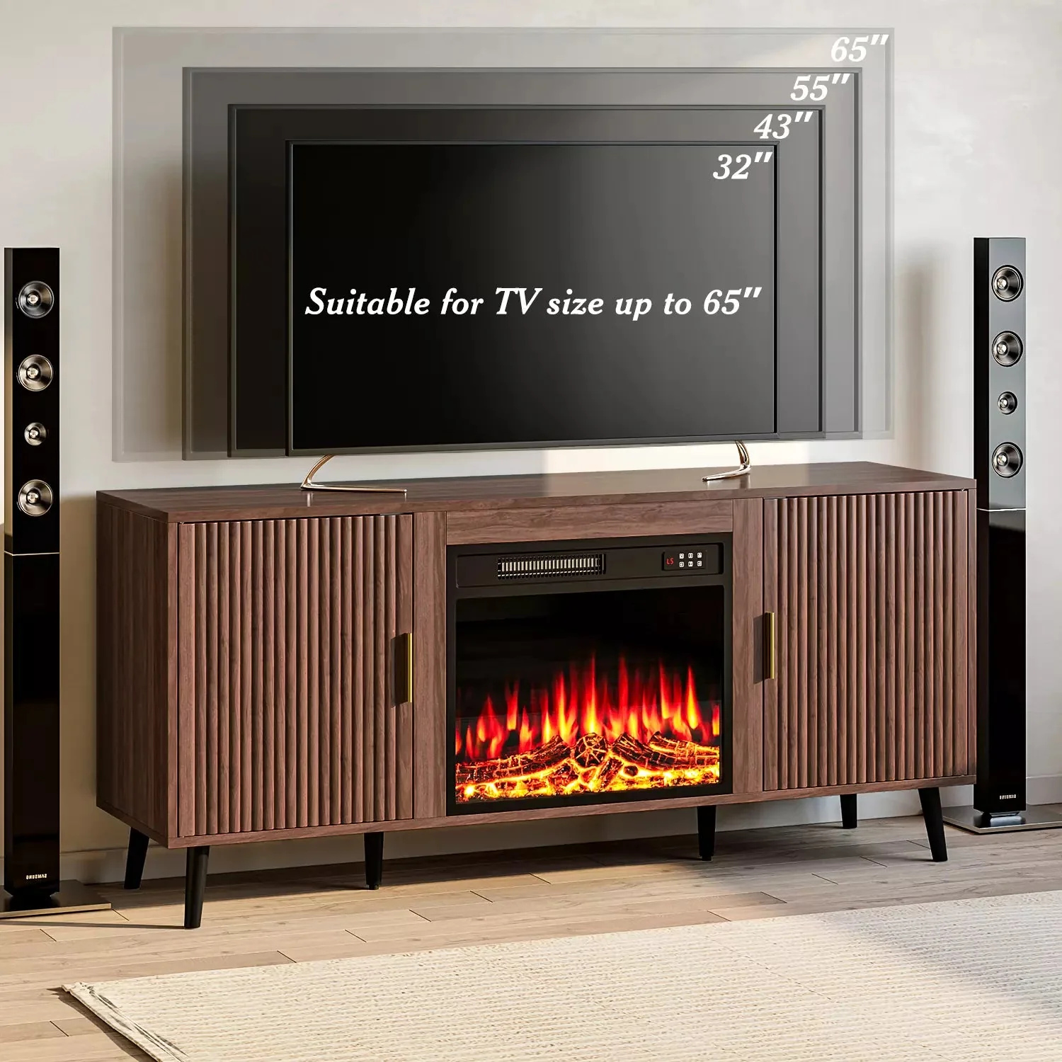 Electric Fireplace TV Stand, 58" Fluted Entertainment Center with 23" Electric Fireplace, Mid Century Console with Sturdy Wood Leg & Adjustable Shelves for TVs Up to 65" for Living Room - Image 8