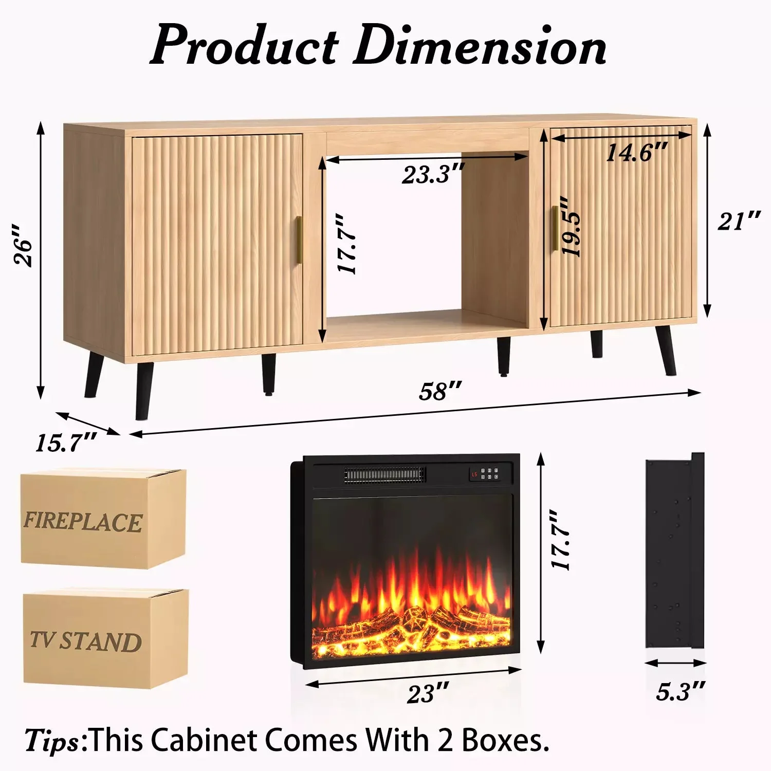 Electric Fireplace TV Stand, 58" Fluted Entertainment Center with 23" Electric Fireplace, Mid Century Console with Sturdy Wood Leg & Adjustable Shelves for TVs Up to 65" for Living Room - Image 9