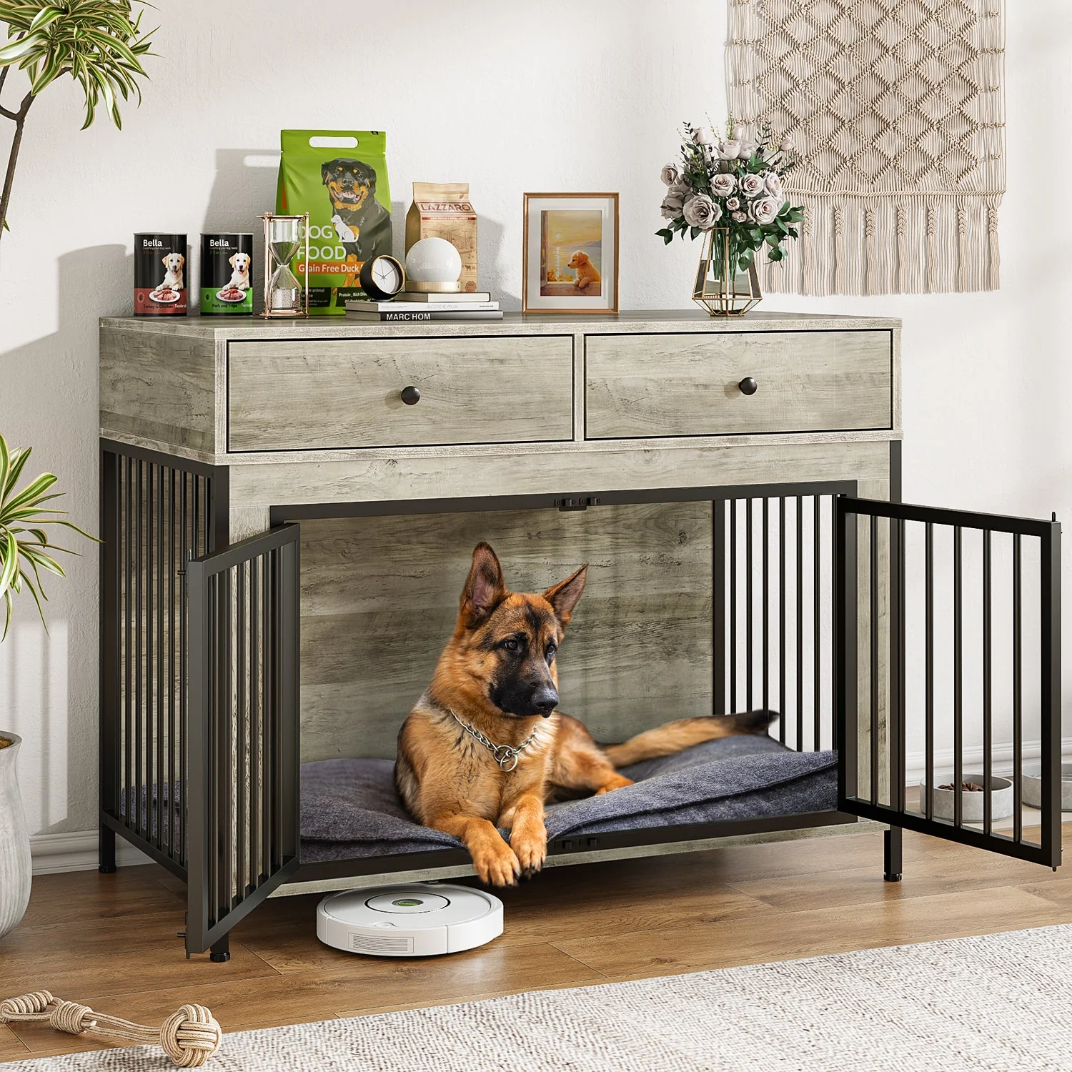 Lemberi 44 Inch double Dog Crate Furniture with 2 Storage Drawers,Wooden Dog Kennel for Inside,tables with dog crate for Large Medium Small Dogs 2 Pack