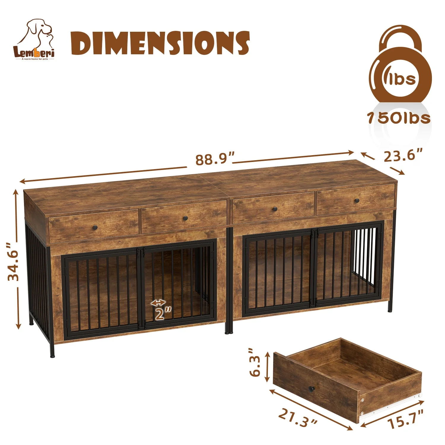 Lemberi 44 Inch double Dog Crate Furniture with 2 Storage Drawers,Wooden Dog Kennel for Inside,tables with dog crate for Large Medium Small Dogs 2 Pack - Image 11