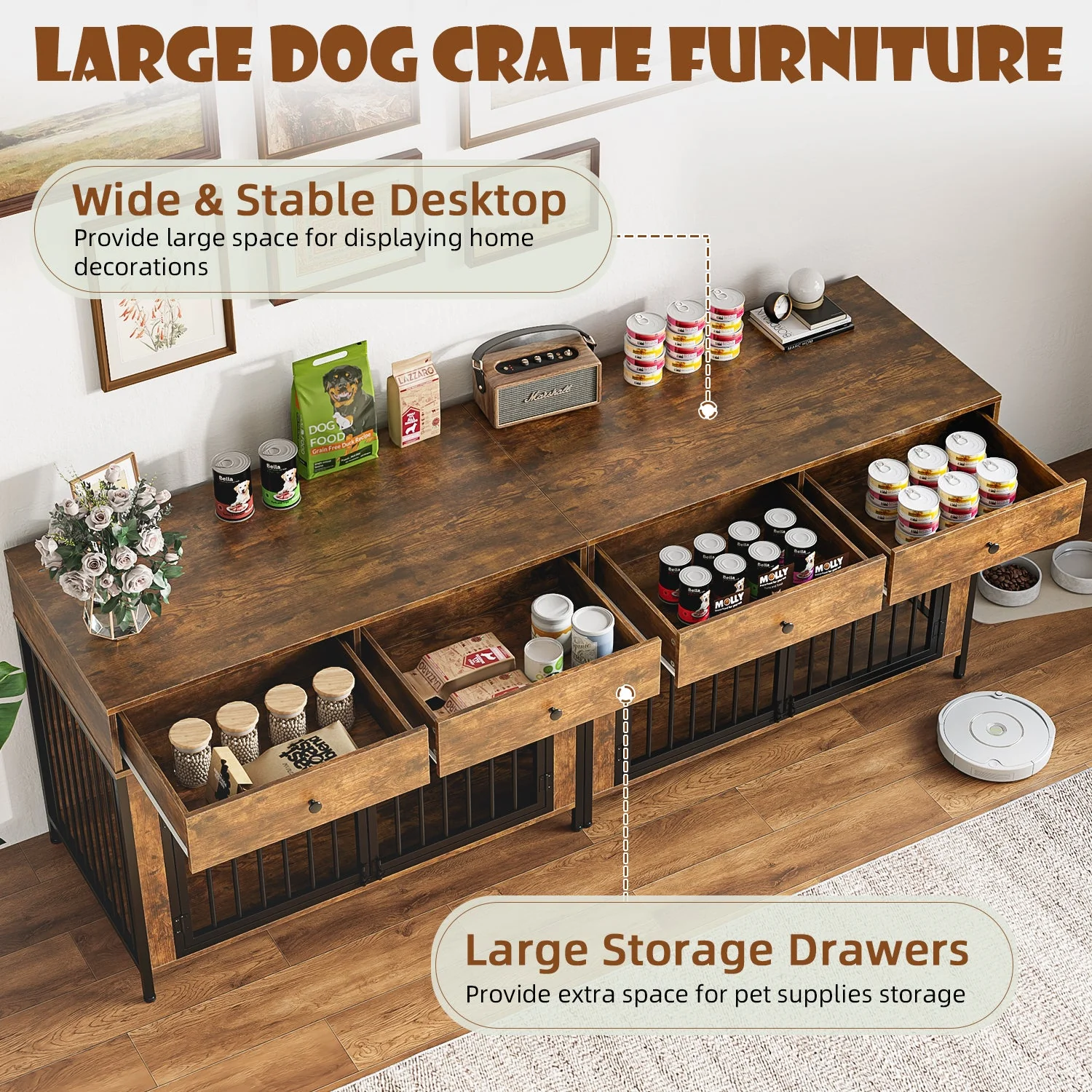 Lemberi 44 Inch double Dog Crate Furniture with 2 Storage Drawers,Wooden Dog Kennel for Inside,tables with dog crate for Large Medium Small Dogs 2 Pack - Image 12