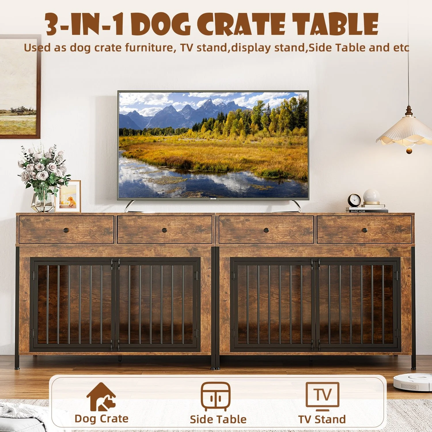 Lemberi 44 Inch double Dog Crate Furniture with 2 Storage Drawers,Wooden Dog Kennel for Inside,tables with dog crate for Large Medium Small Dogs 2 Pack - Image 13