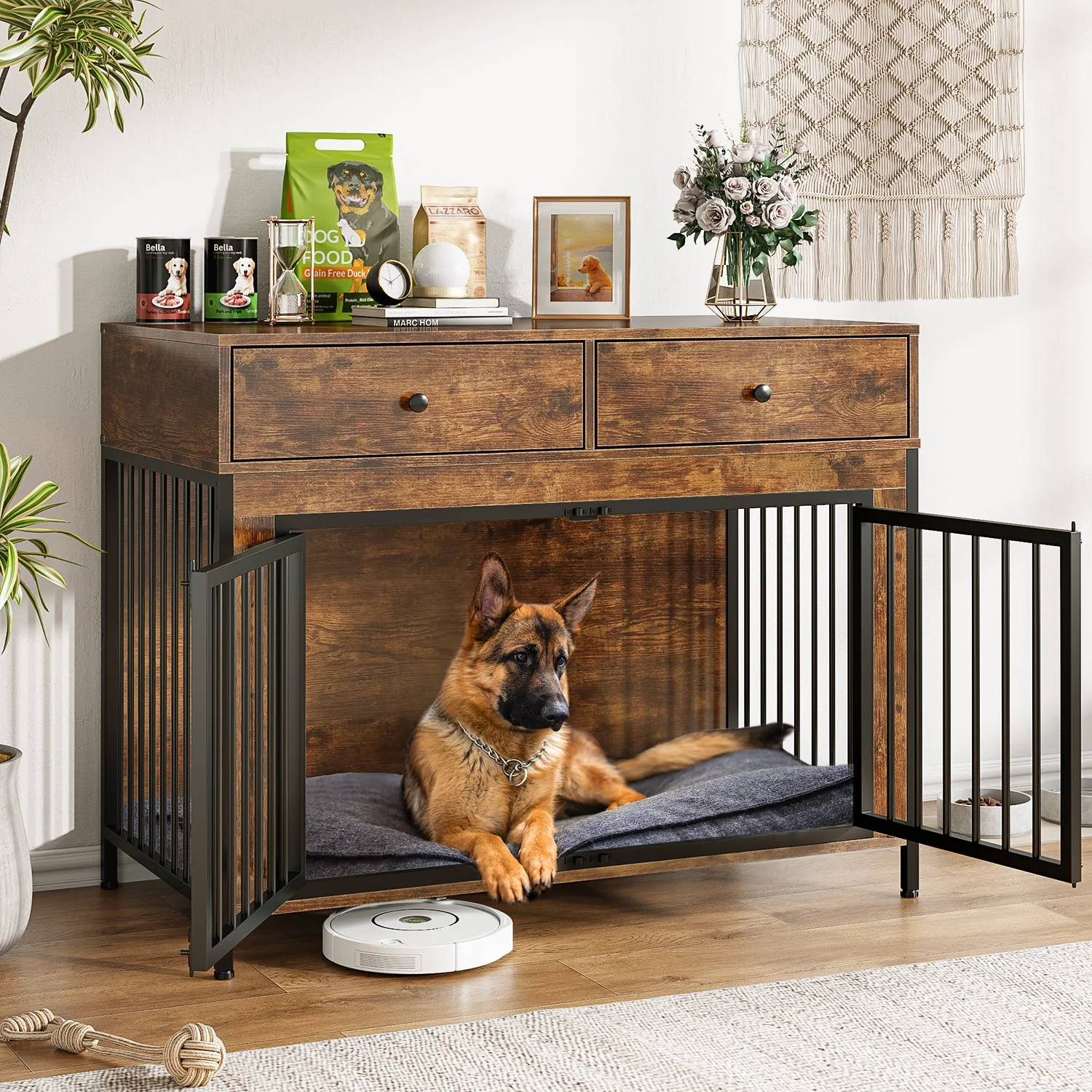 Lemberi 44 Inch double Dog Crate Furniture with 2 Storage Drawers,Wooden Dog Kennel for Inside,tables with dog crate for Large Medium Small Dogs 2 Pack - Image 2