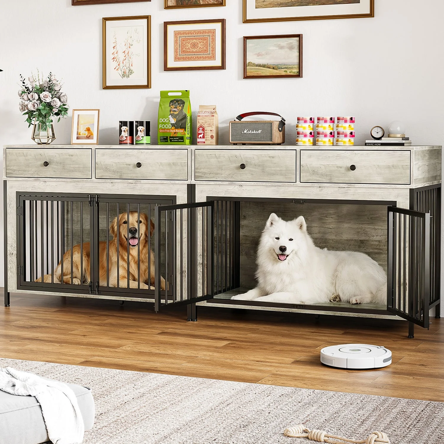 Lemberi 44 Inch double Dog Crate Furniture with 2 Storage Drawers,Wooden Dog Kennel for Inside,tables with dog crate for Large Medium Small Dogs 2 Pack - Image 3