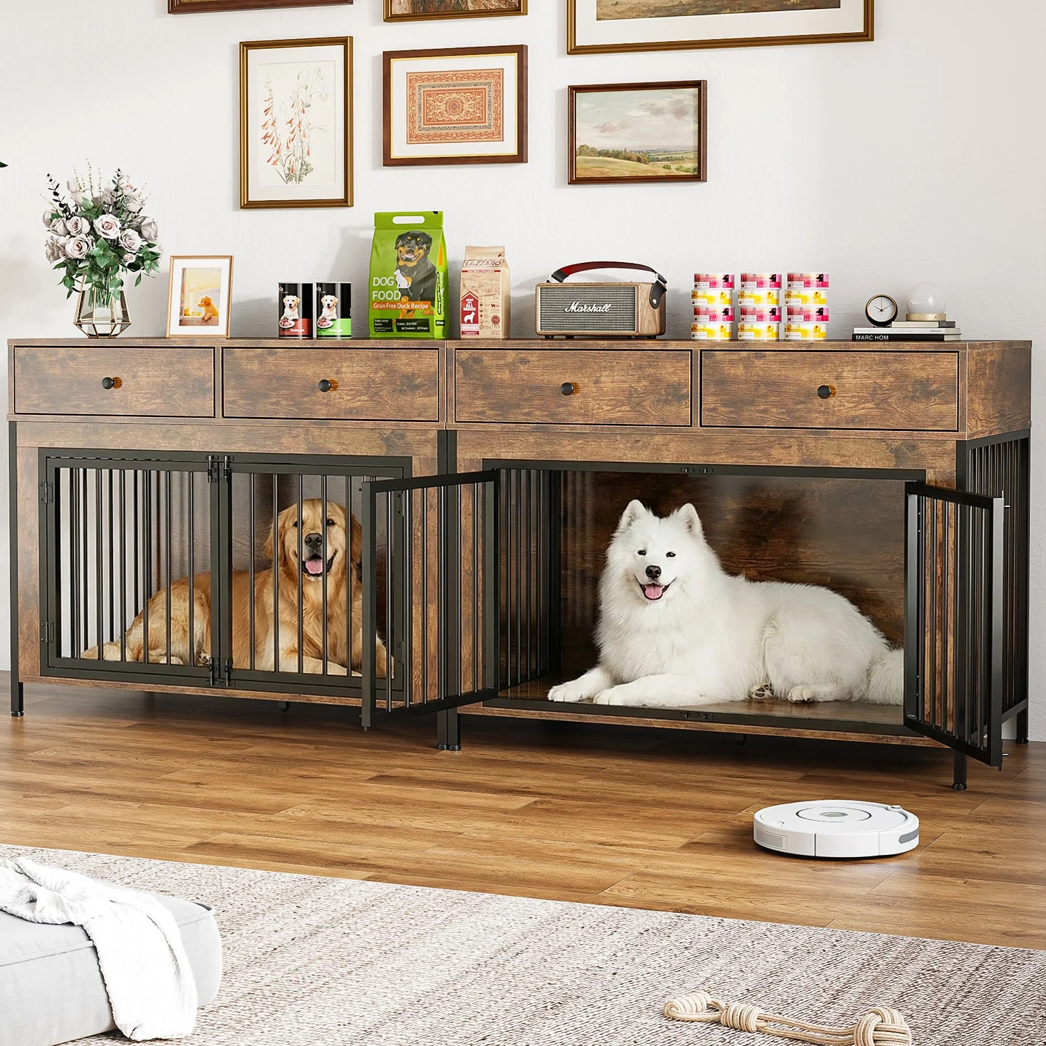 Lemberi 44 Inch double Dog Crate Furniture with 2 Storage Drawers,Wooden Dog Kennel for Inside,tables with dog crate for Large Medium Small Dogs 2 Pack - Image 4