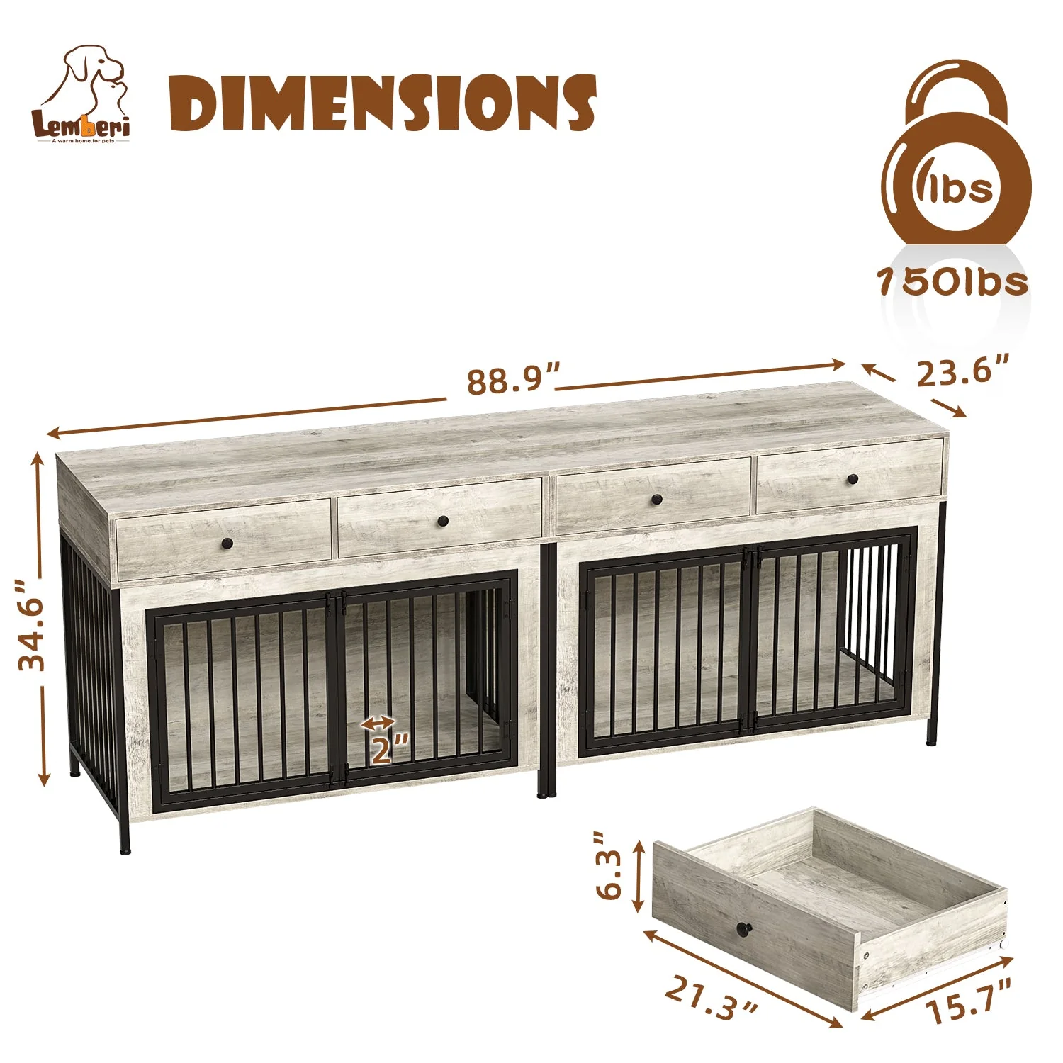 Lemberi 44 Inch double Dog Crate Furniture with 2 Storage Drawers,Wooden Dog Kennel for Inside,tables with dog crate for Large Medium Small Dogs 2 Pack - Image 5