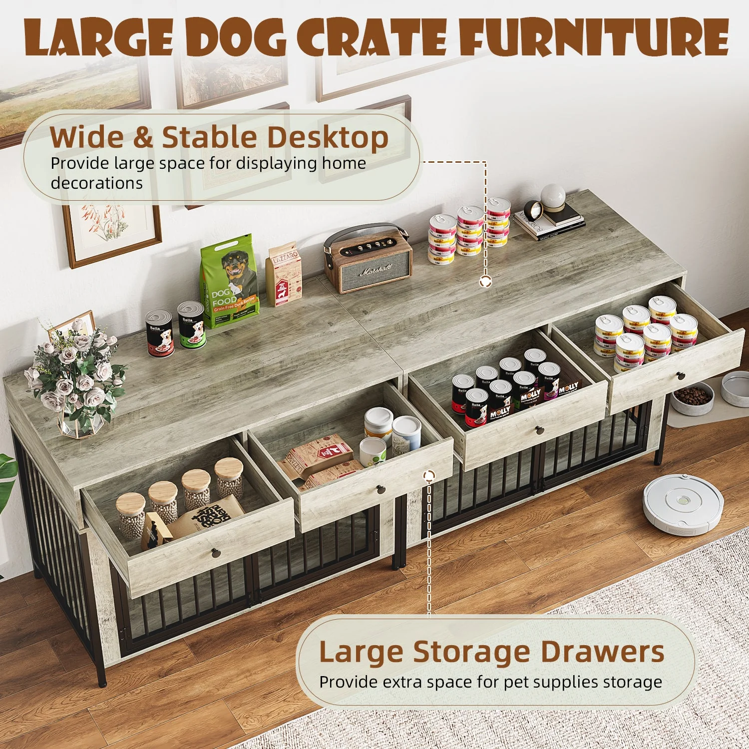Lemberi 44 Inch double Dog Crate Furniture with 2 Storage Drawers,Wooden Dog Kennel for Inside,tables with dog crate for Large Medium Small Dogs 2 Pack - Image 6