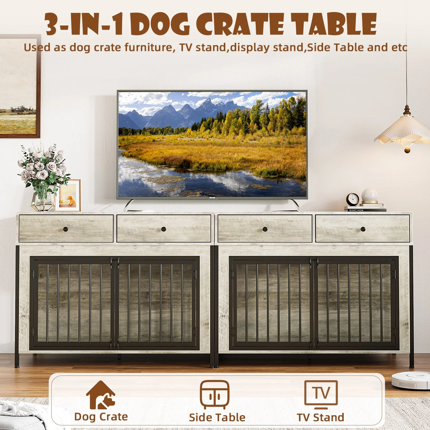 Lemberi 44 Inch double Dog Crate Furniture with 2 Storage Drawers,Wooden Dog Kennel for Inside,tables with dog crate for Large Medium Small Dogs 2 Pack - Image 7