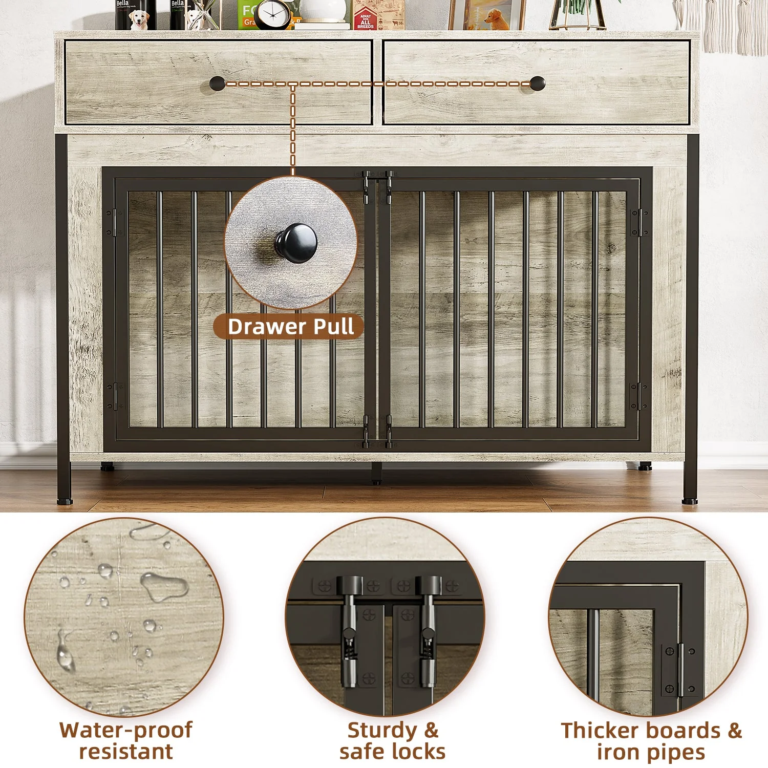 Lemberi 44 Inch double Dog Crate Furniture with 2 Storage Drawers,Wooden Dog Kennel for Inside,tables with dog crate for Large Medium Small Dogs 2 Pack - Image 9
