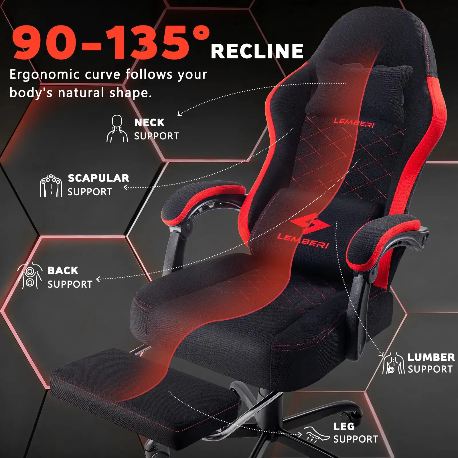 LEMBERI Gaming Chair, Fabric Big and Tall Video Game Chairs for Adults with Footrest,Racing Style Ergonomic Computer Gamer Chair with Headrest and Lumbar Support - Image 10