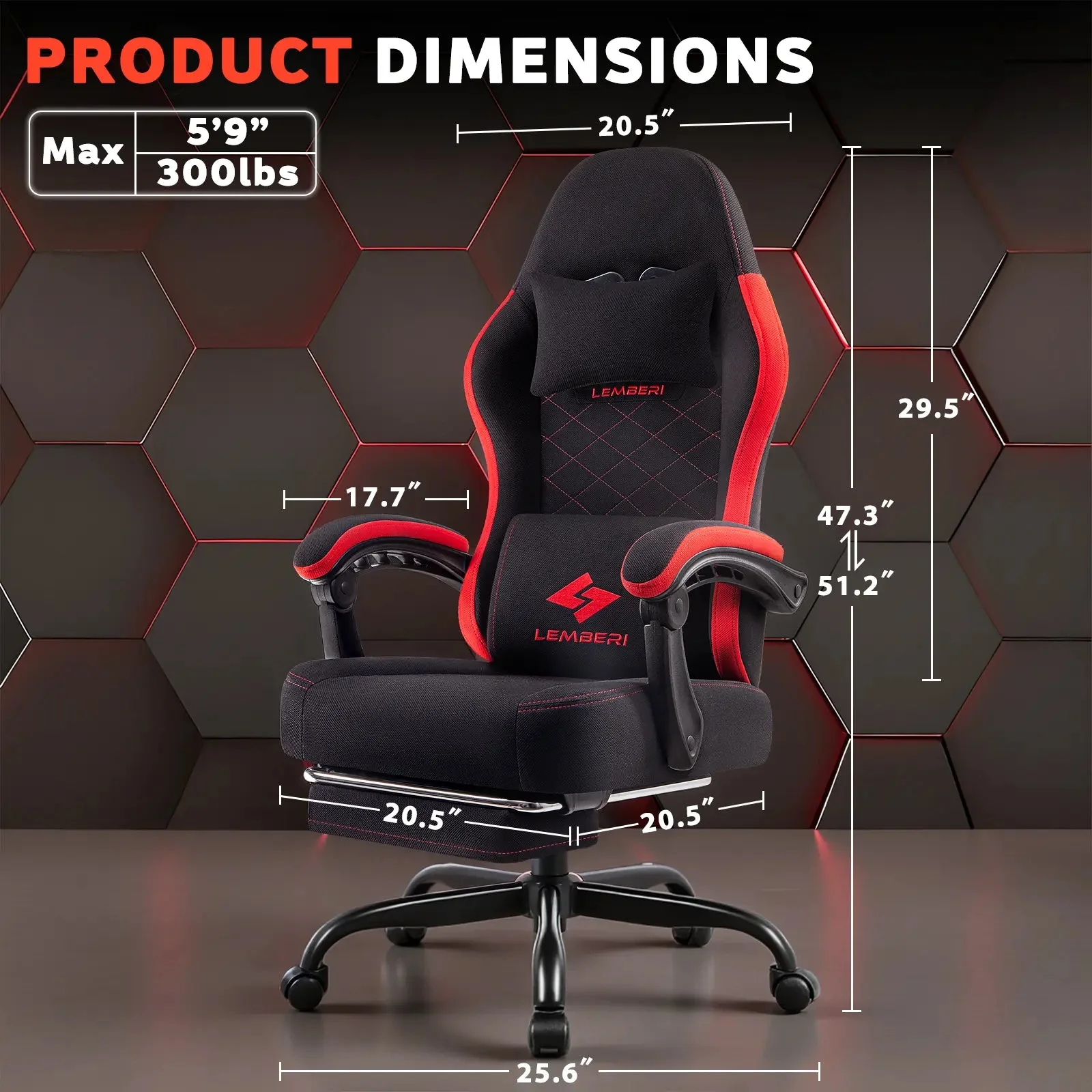 LEMBERI Gaming Chair, Fabric Big and Tall Video Game Chairs for Adults with Footrest,Racing Style Ergonomic Computer Gamer Chair with Headrest and Lumbar Support - Image 12