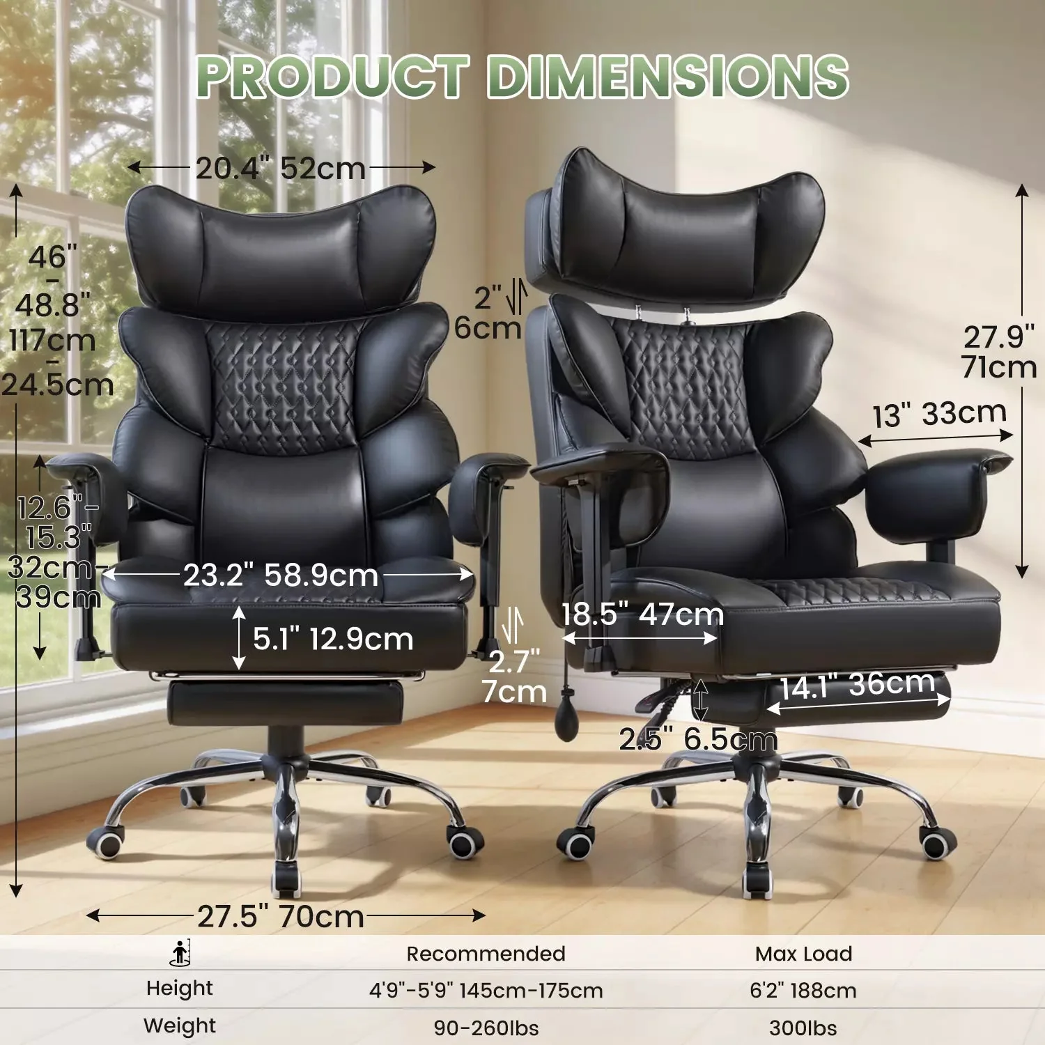 OFIKA Big and Tall Office Chair 600LBS,High Back Executive Desk Chair with Footrest,135°Recline,Executive Ergonomic Office Chair with Air Cushion Lumbar Support and with Adjustable Lift Armrest - Image 3
