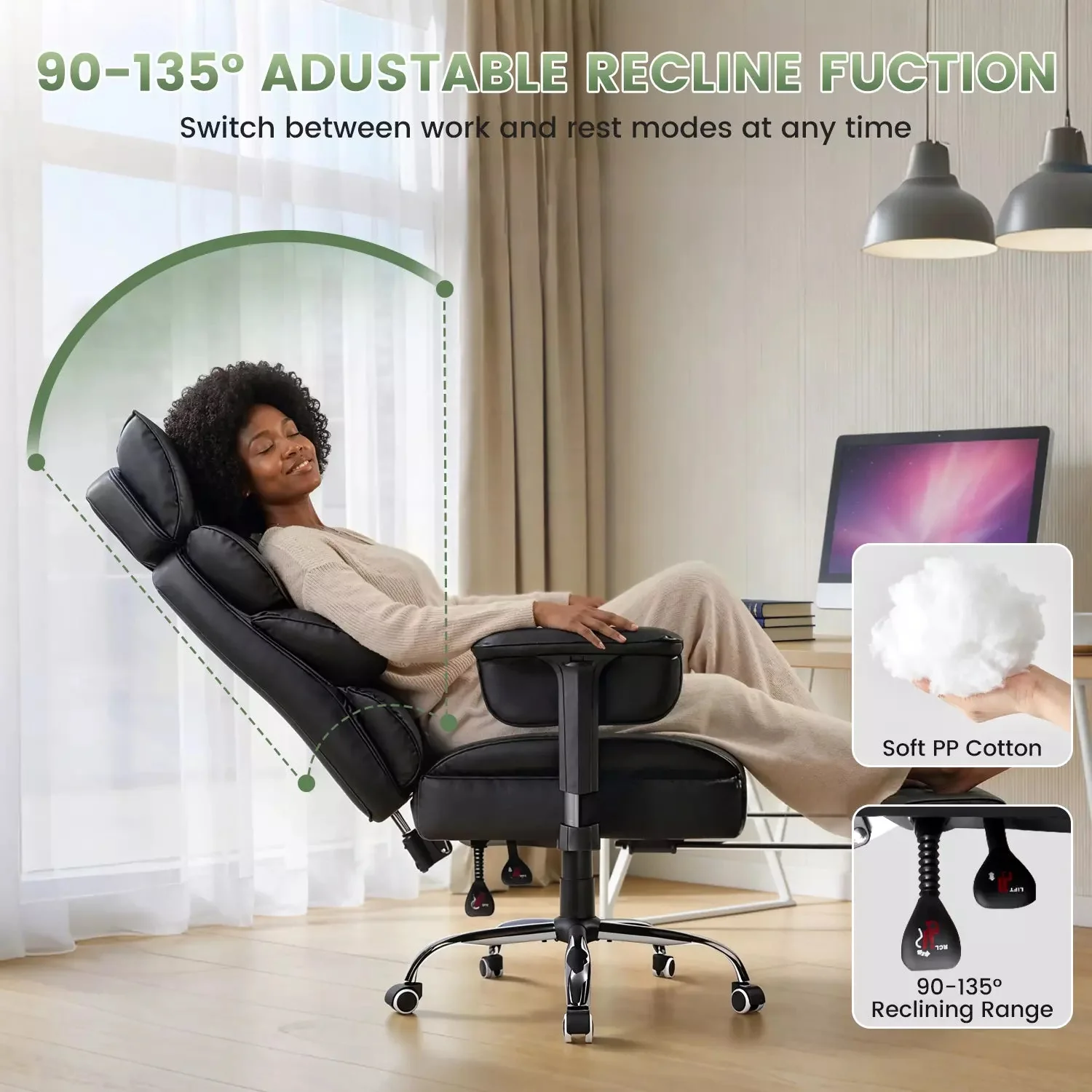 OFIKA Big and Tall Office Chair 600LBS,High Back Executive Desk Chair with Footrest,135°Recline,Executive Ergonomic Office Chair with Air Cushion Lumbar Support and with Adjustable Lift Armrest - Image 5