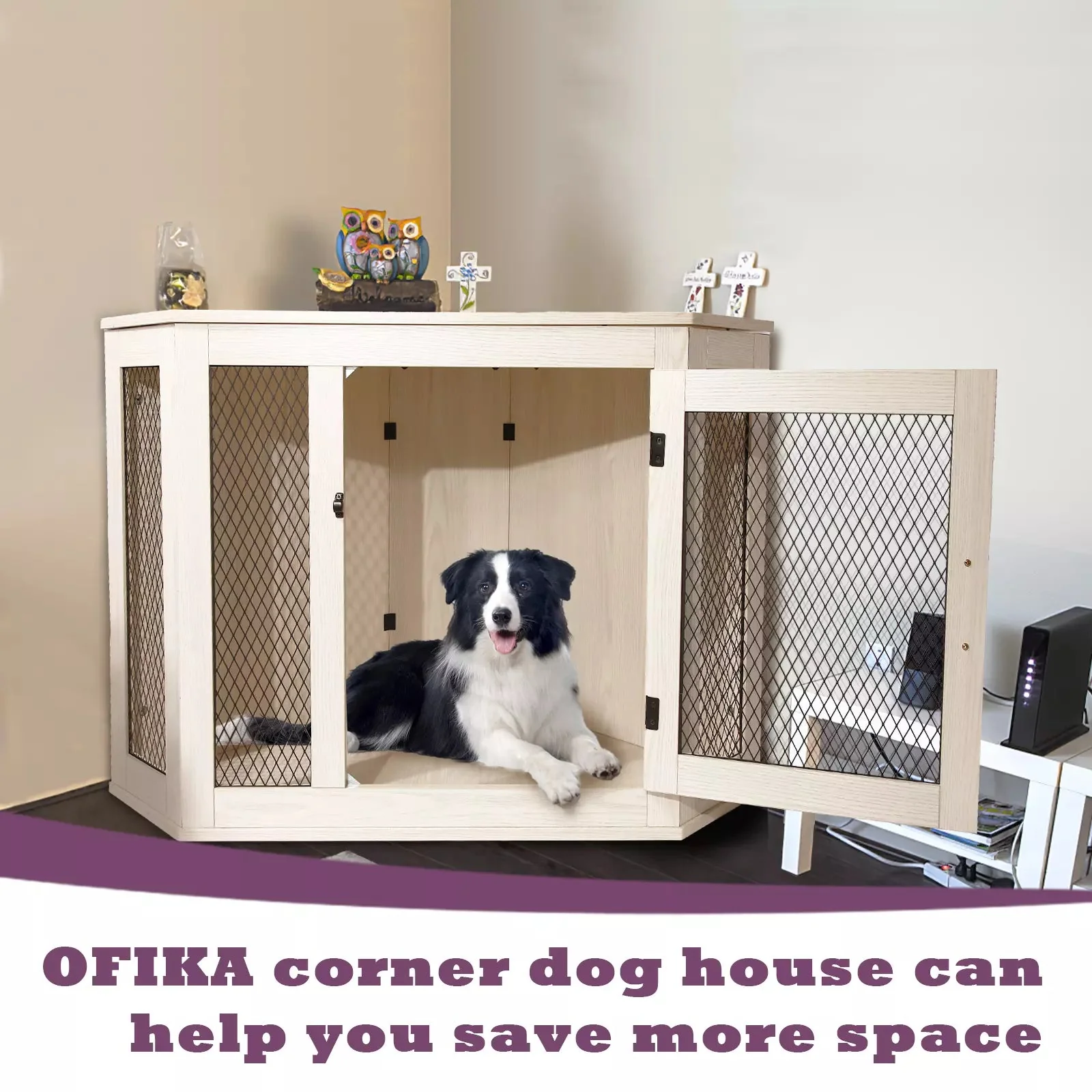 OFIKA Corner Dog Crate Furniture with Metal Mesh DH02 - Image 23