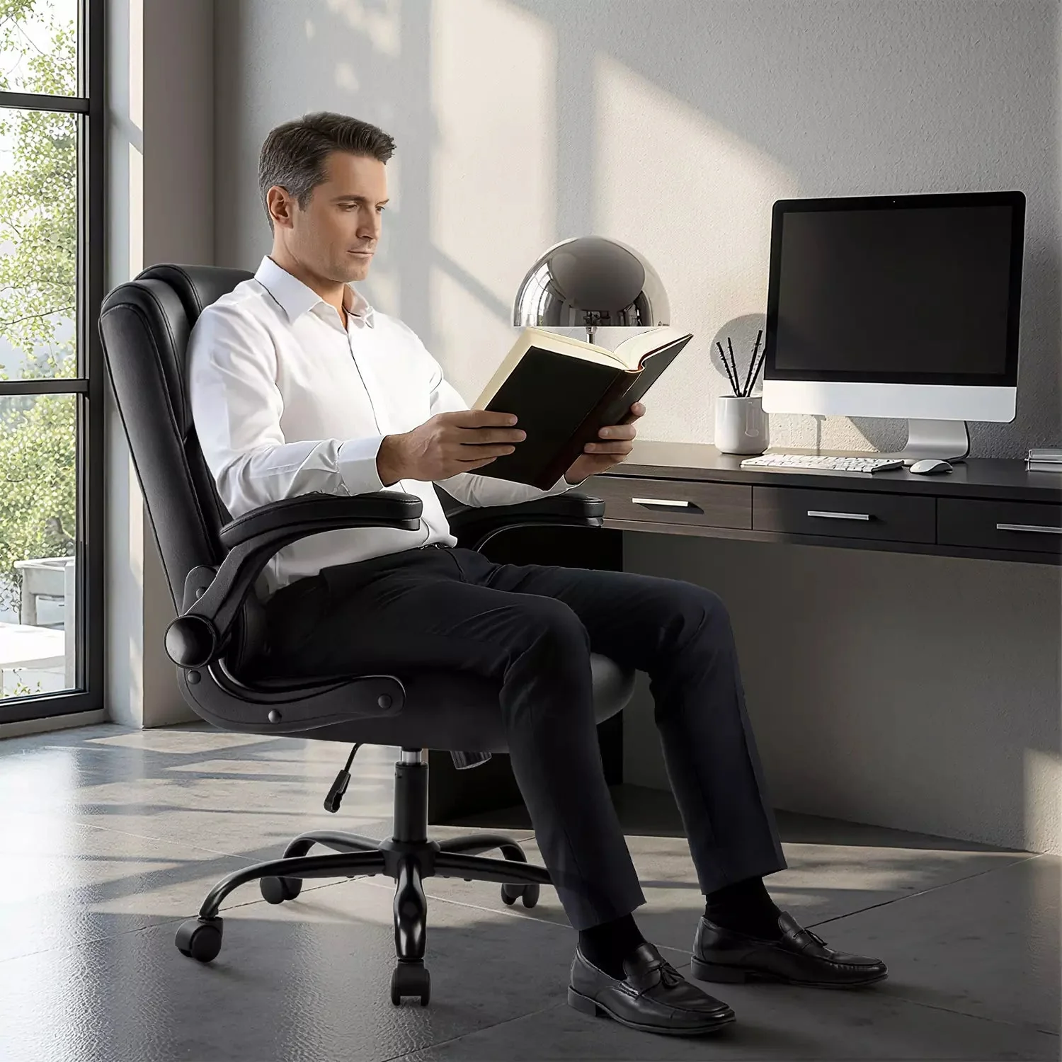 OFIKA Leather Office Desk Chair,Ergonomic Office Chair with Lumbar Support,Computer Chair,Executive Leather Chair with Padded Flip-up Arm,Adjustable Armrests, Black - Image 2