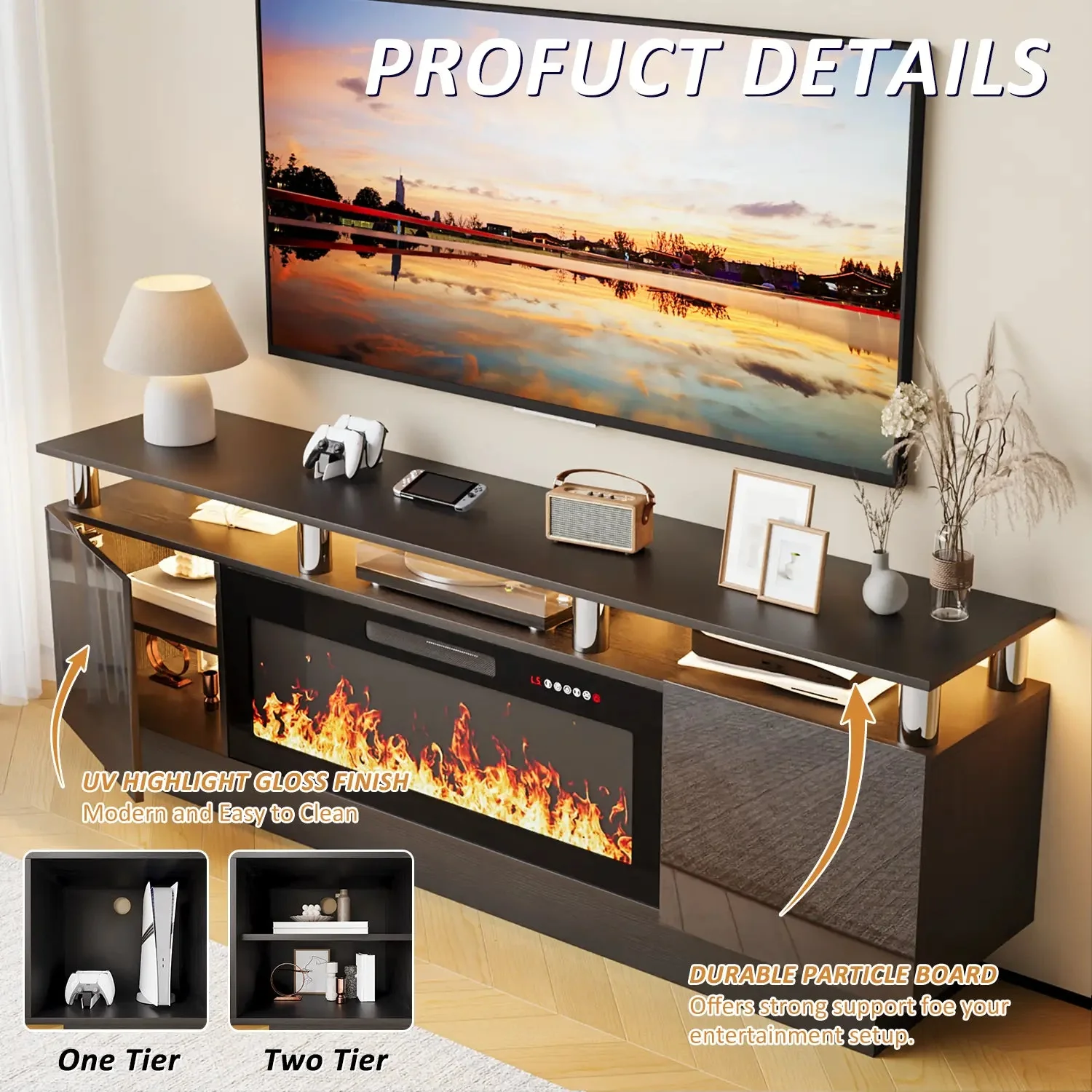 BOSSIN 70 Inches Fireplace TV Stand for TVs up to 80 Inches Console with 36'' Electric Fireplace - Image 11