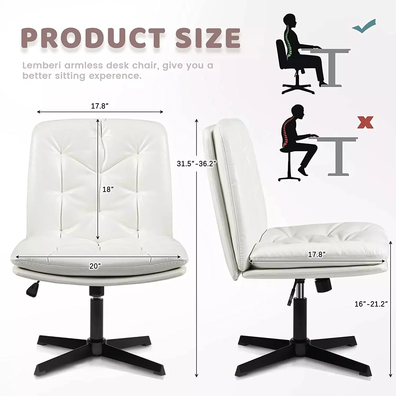 PUKAMI Armless Home Office Desk Chair No Wheels, PU Leather Upholstered Mid-Back Vanity Task Chair - Image 10