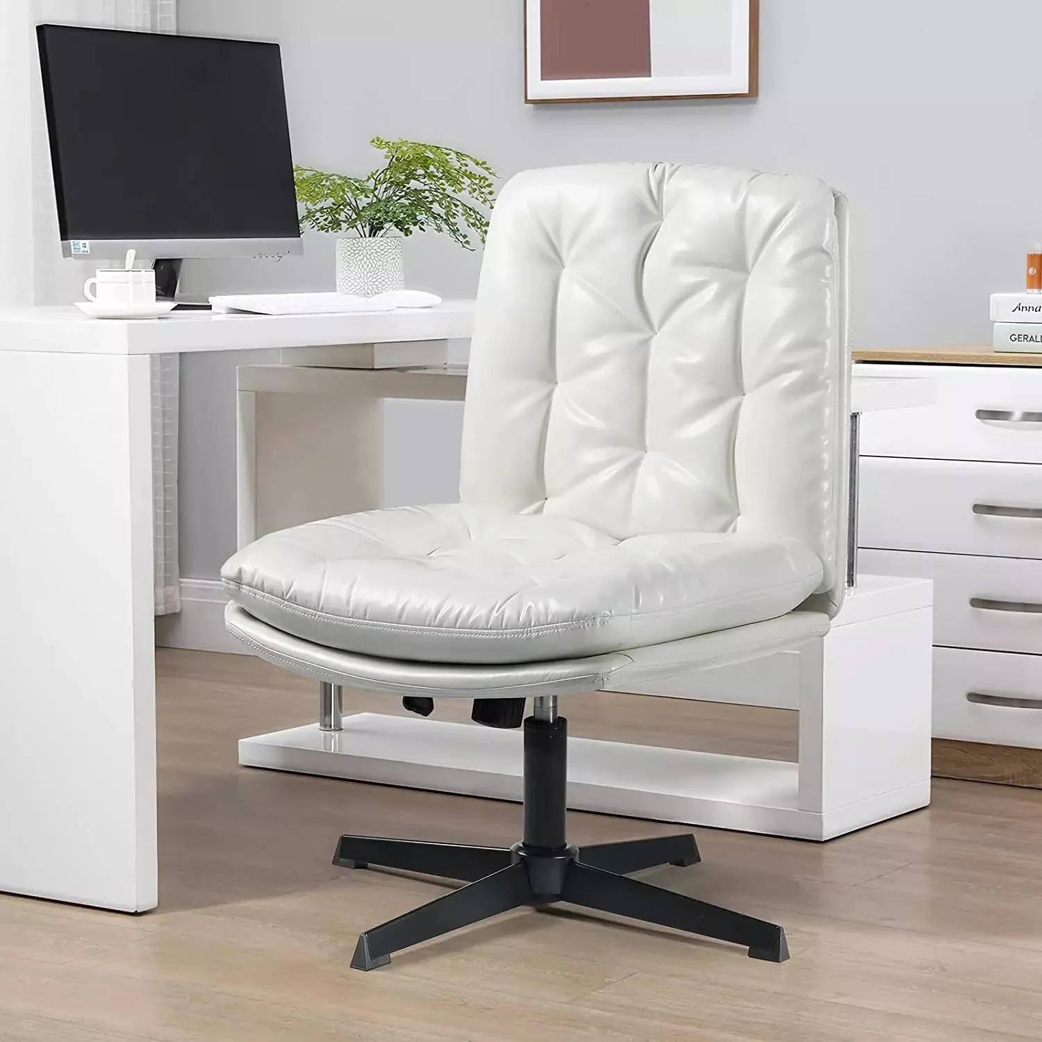 PUKAMI Armless Home Office Desk Chair No Wheels, PU Leather Upholstered Mid-Back Vanity Task Chair - Image 14