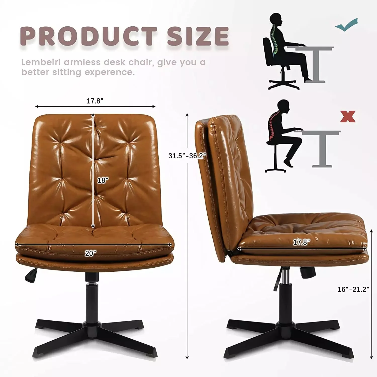 PUKAMI Armless Home Office Desk Chair No Wheels, PU Leather Upholstered Mid-Back Vanity Task Chair - Image 3
