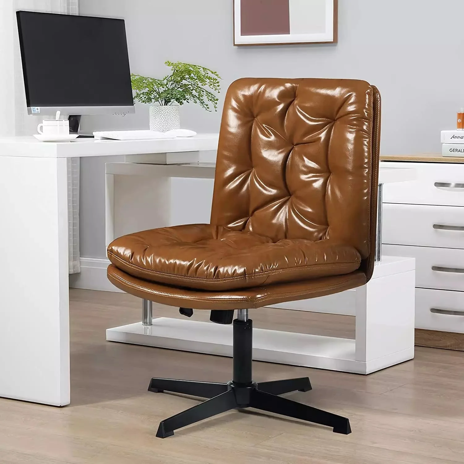 PUKAMI Armless Home Office Desk Chair No Wheels, PU Leather Upholstered Mid-Back Vanity Task Chair - Image 7