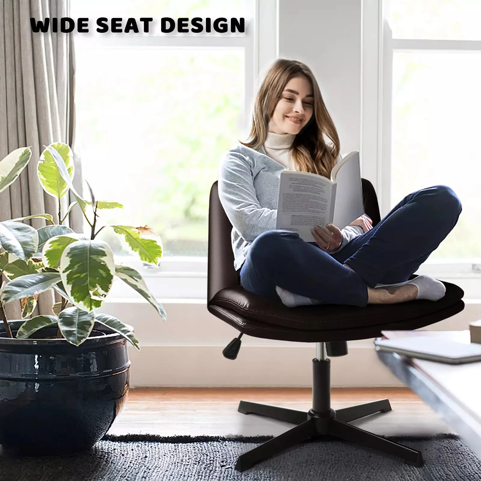 PUKAMI Armless Desk Chair No Wheels,PU Leather Criss Cross Legged for Home Office - Image 41