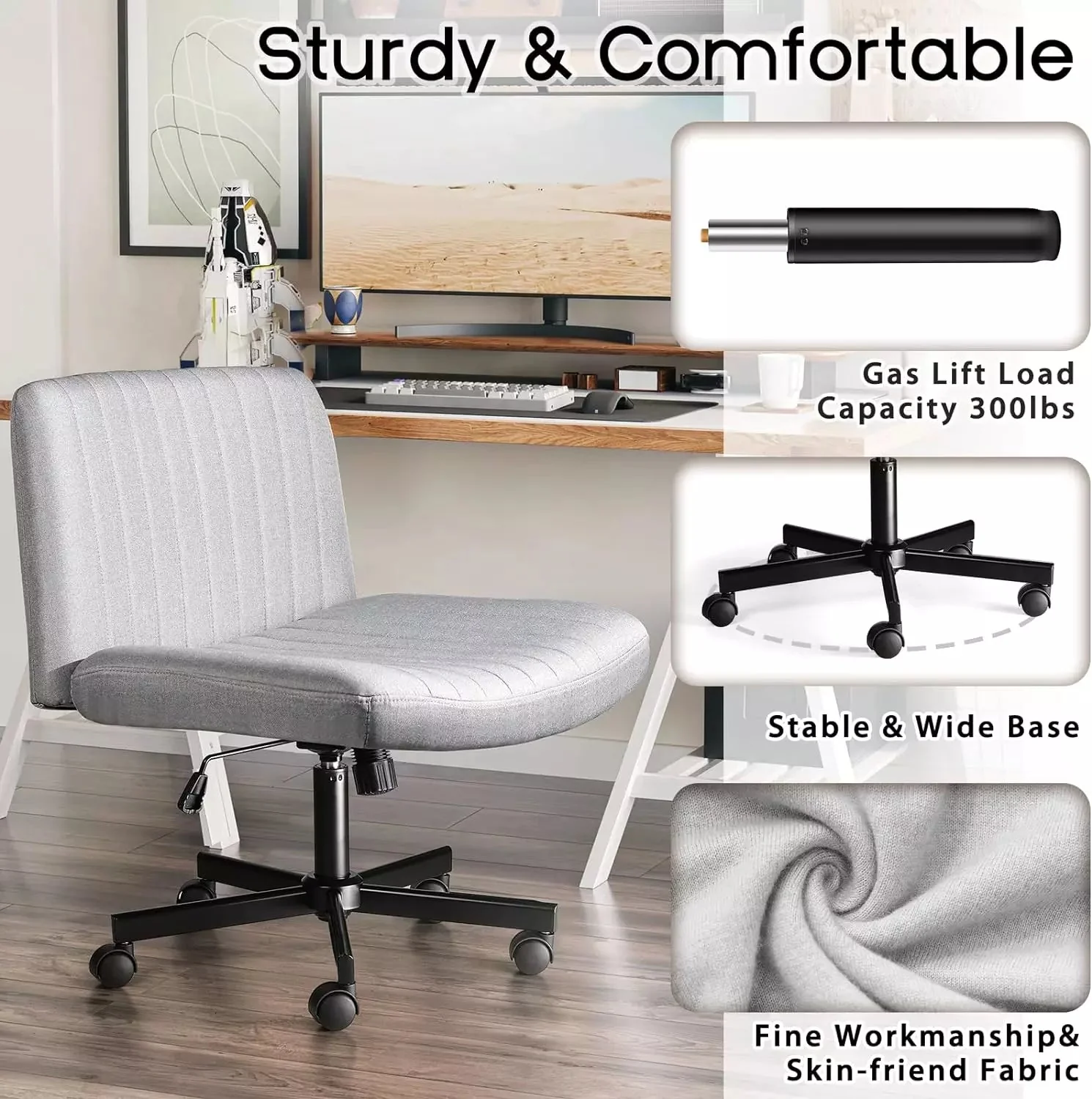 PUKAMI Armless Office Desk Chair with Wheels, Fabric Padded Cross Legged Chair - Image 12