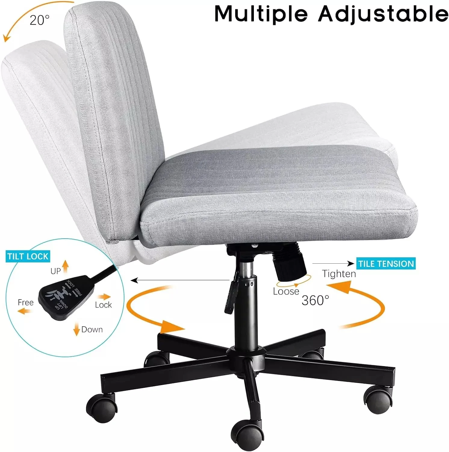 PUKAMI Armless Office Desk Chair with Wheels, Fabric Padded Cross Legged Chair - Image 13