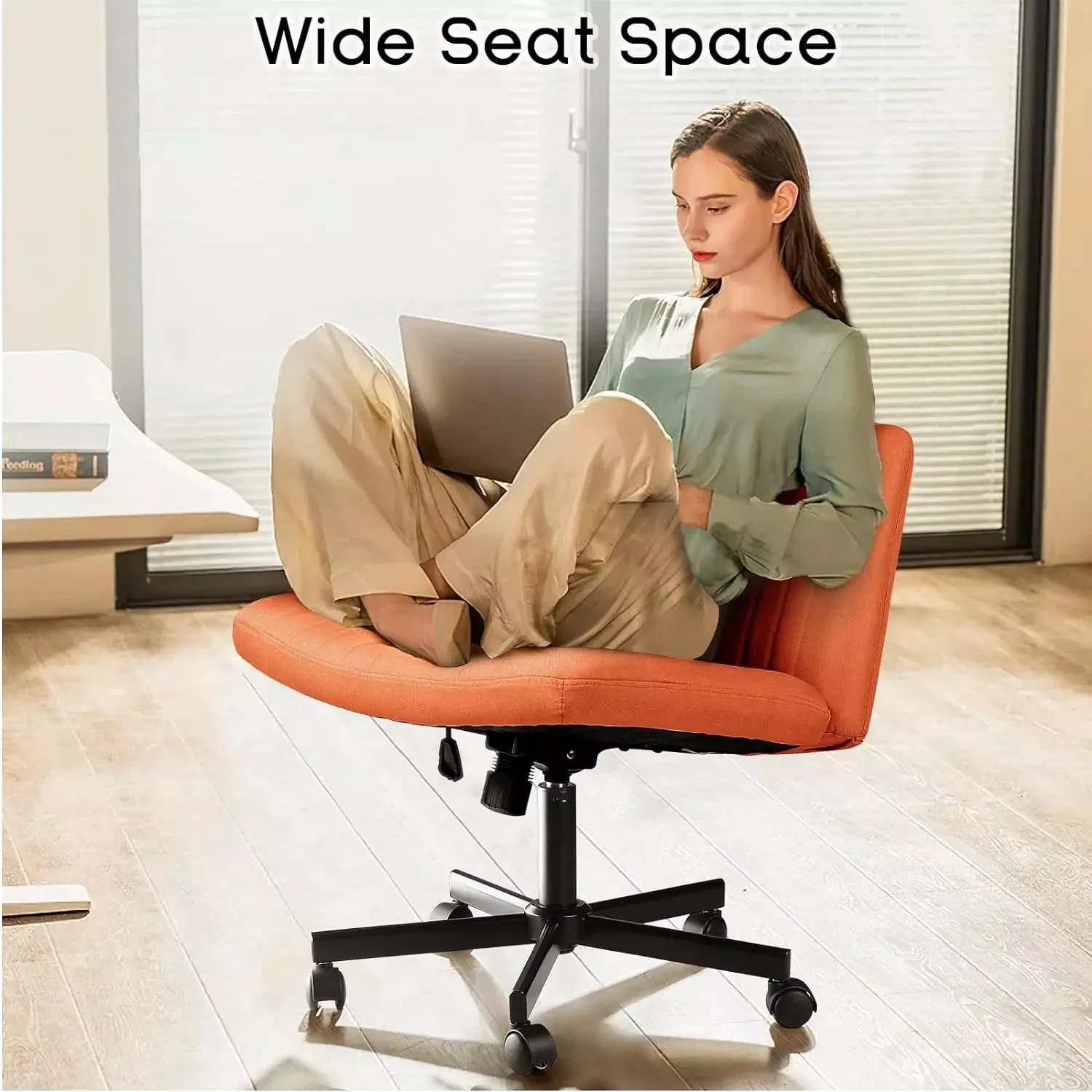 PUKAMI Armless Office Desk Chair with Wheels, Fabric Padded Cross Legged Chair - Image 16