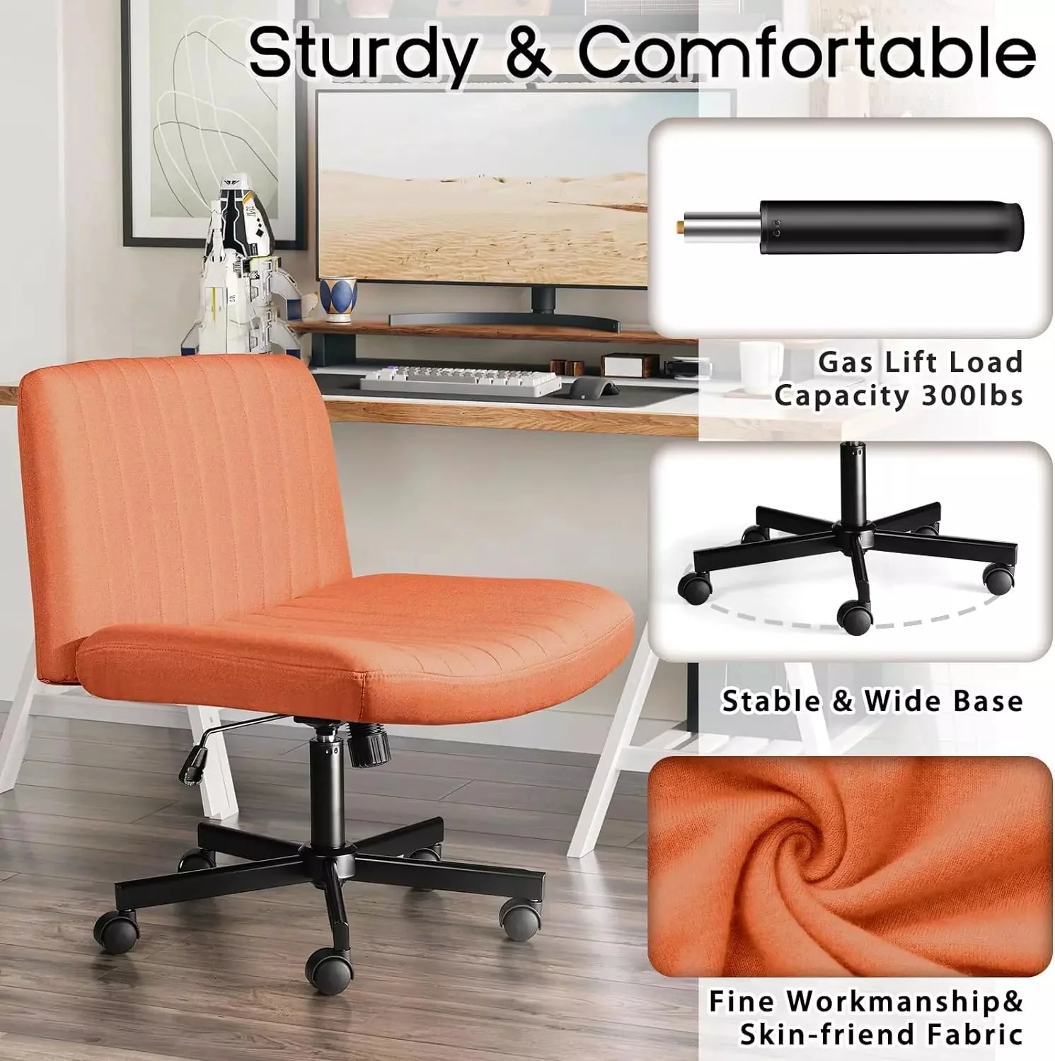 PUKAMI Armless Office Desk Chair with Wheels, Fabric Padded Cross Legged Chair - Image 19