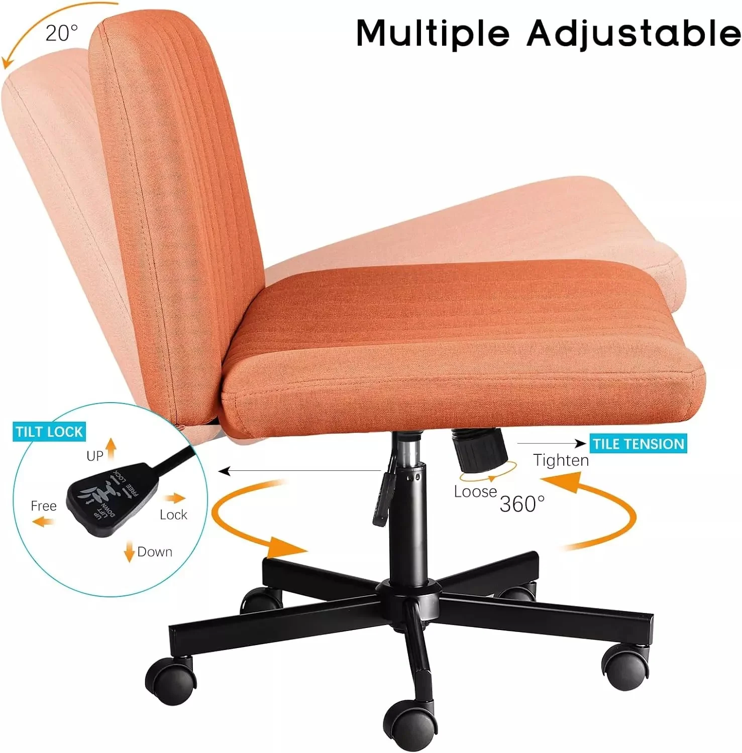 PUKAMI Armless Office Desk Chair with Wheels, Fabric Padded Cross Legged Chair - Image 20