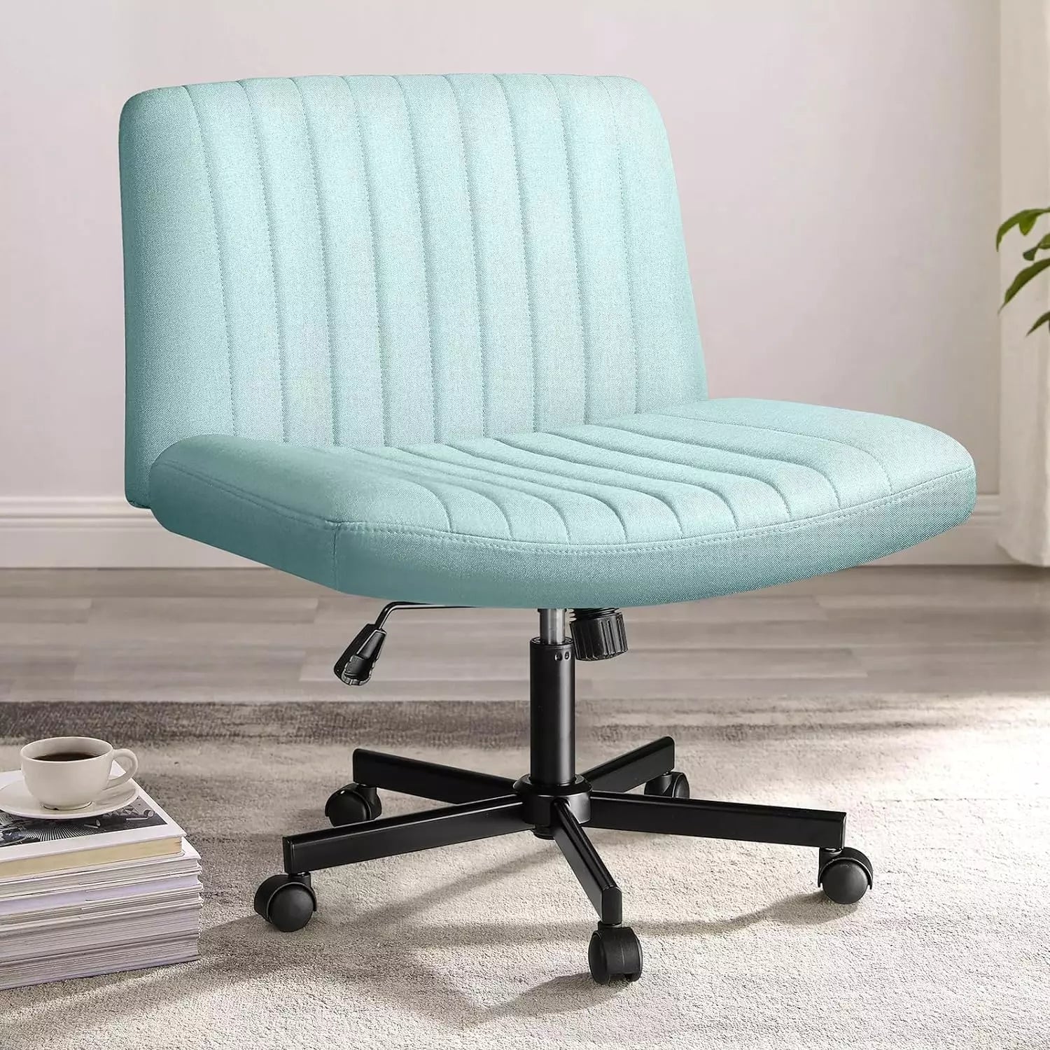PUKAMI Armless Office Desk Chair with Wheels, Fabric Padded Cross Legged Chair - Image 22
