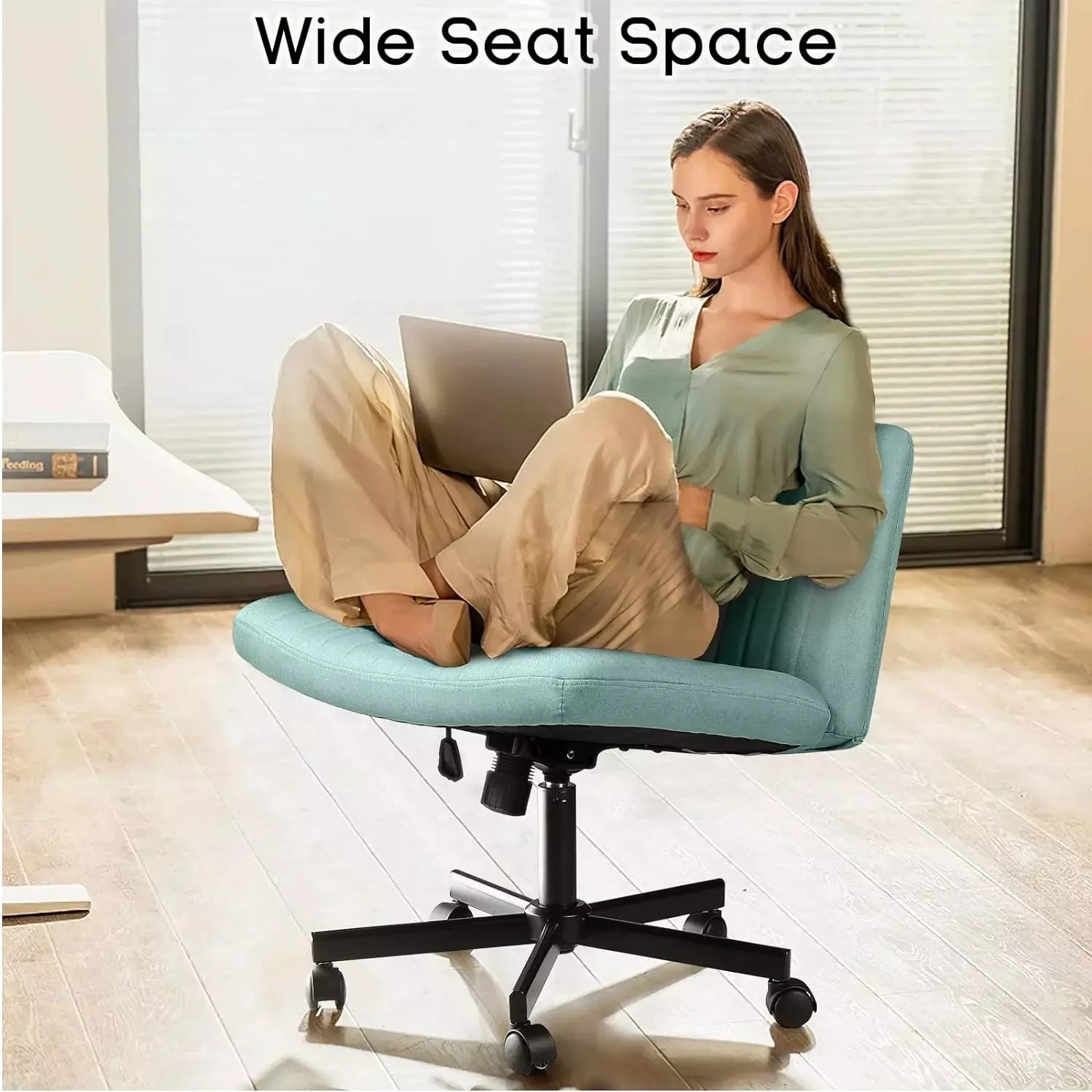PUKAMI Armless Office Desk Chair with Wheels, Fabric Padded Cross Legged Chair - Image 23