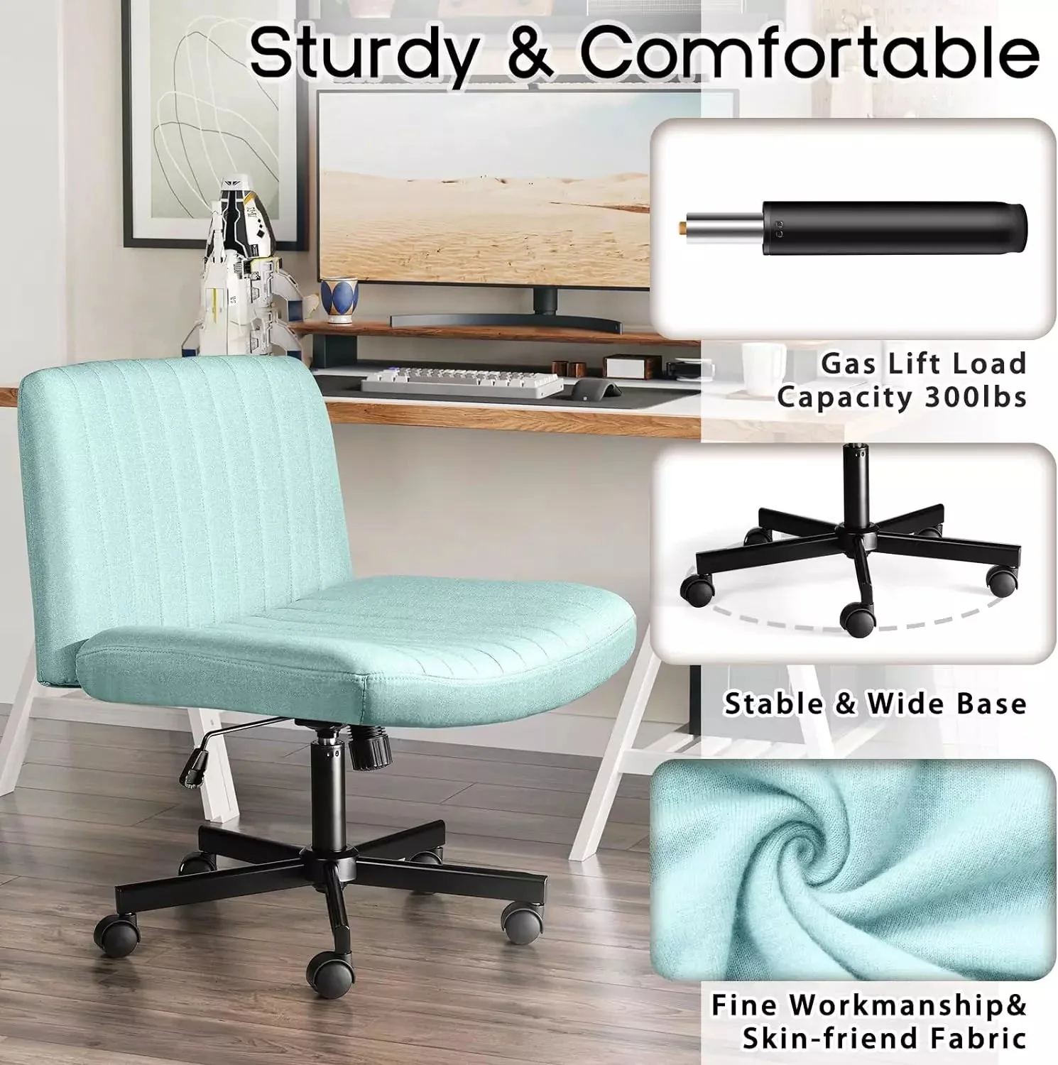PUKAMI Armless Office Desk Chair with Wheels, Fabric Padded Cross Legged Chair - Image 26