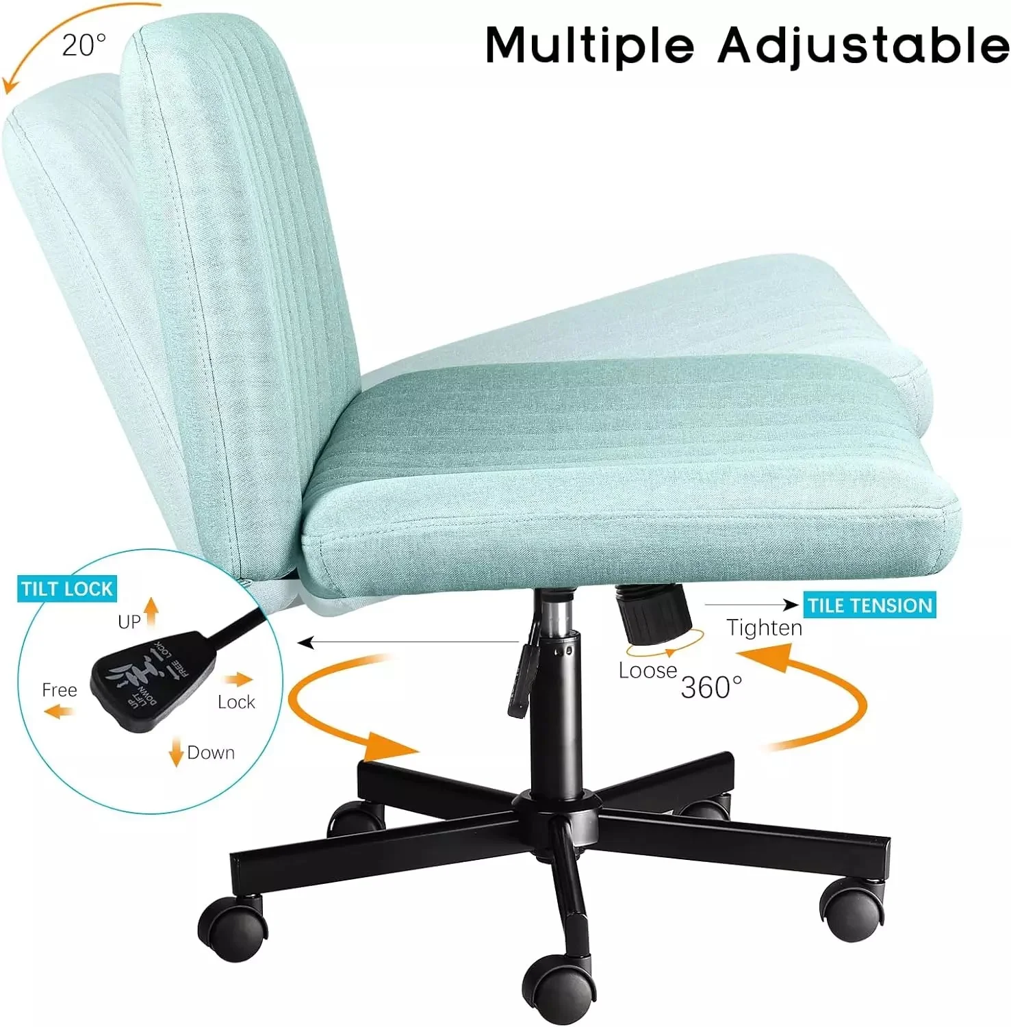 PUKAMI Armless Office Desk Chair with Wheels, Fabric Padded Cross Legged Chair - Image 27