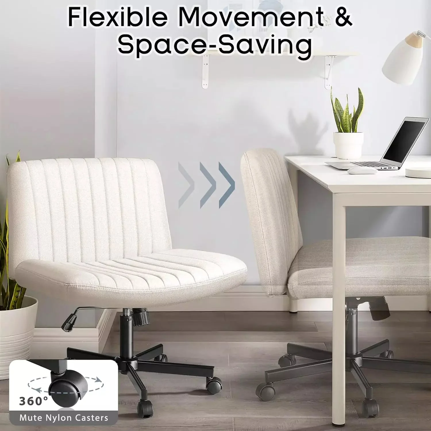PUKAMI Armless Office Desk Chair with Wheels, Fabric Padded Cross Legged Chair - Image 3