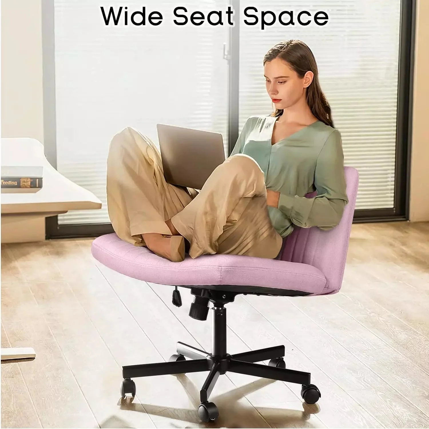 PUKAMI Armless Office Desk Chair with Wheels, Fabric Padded Cross Legged Chair - Image 30