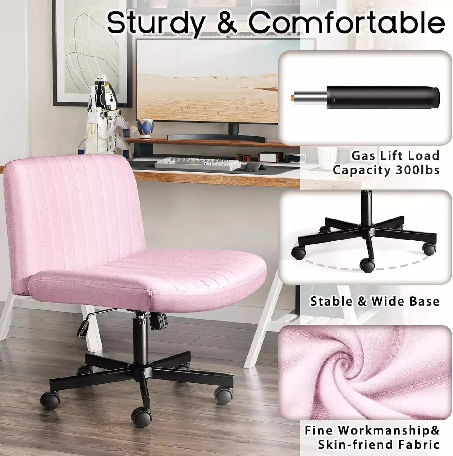 PUKAMI Armless Office Desk Chair with Wheels, Fabric Padded Cross Legged Chair - Image 33