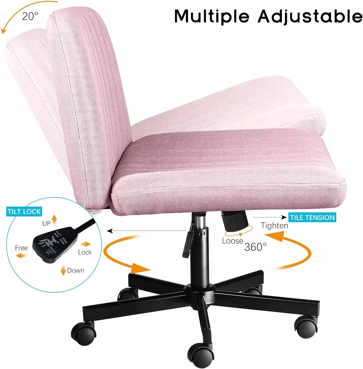 PUKAMI Armless Office Desk Chair with Wheels, Fabric Padded Cross Legged Chair - Image 34