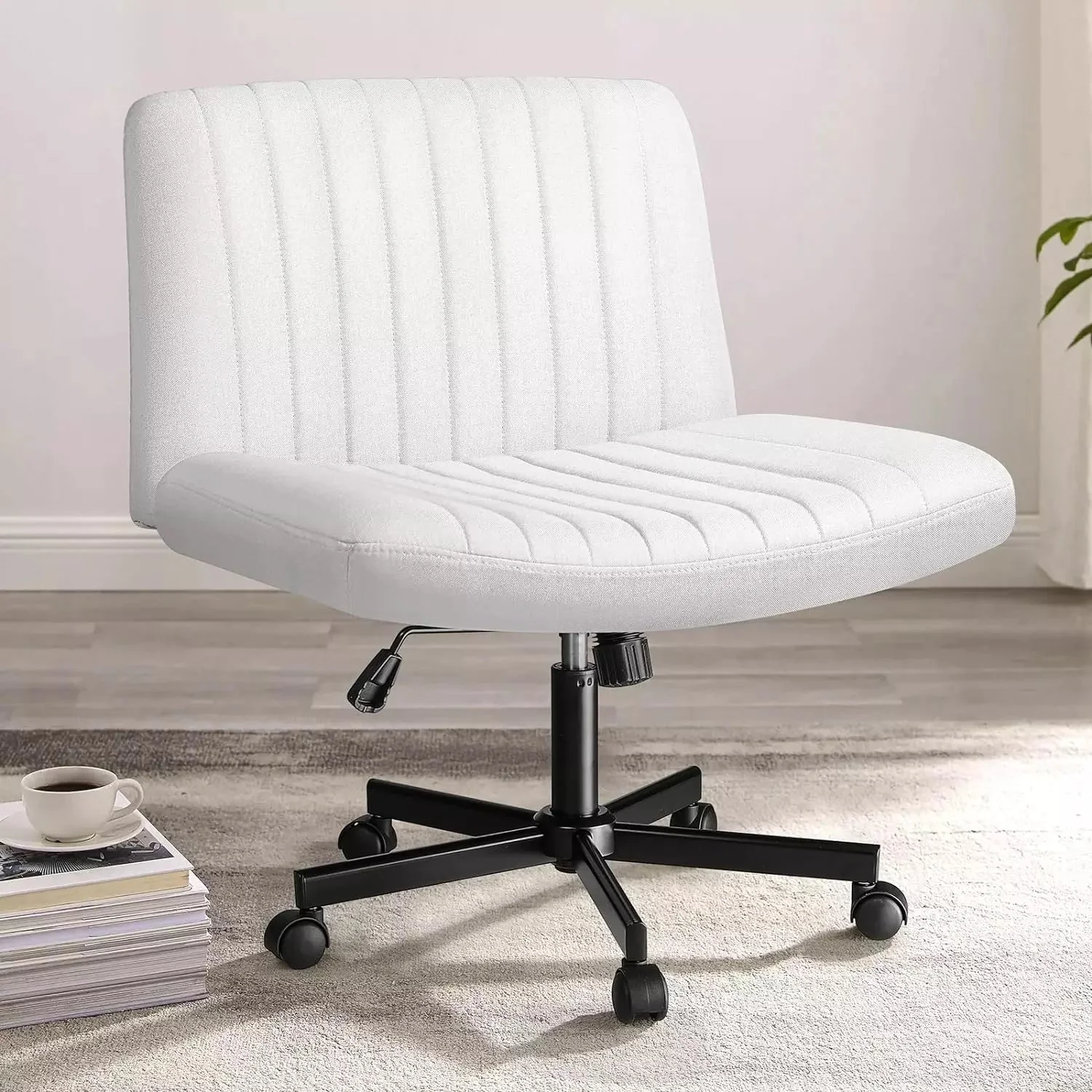 PUKAMI Armless Office Desk Chair with Wheels, Fabric Padded Cross Legged Chair - Image 36