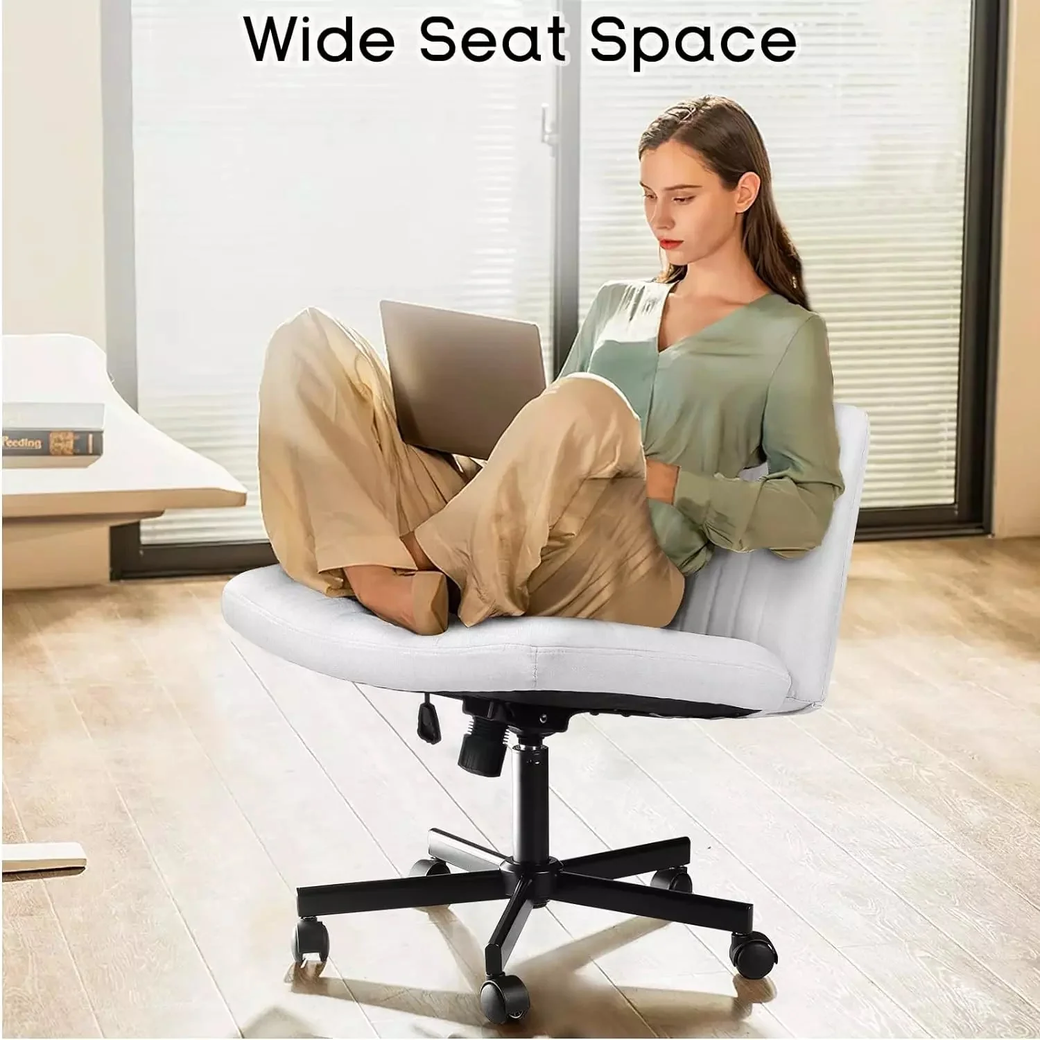 PUKAMI Armless Office Desk Chair with Wheels, Fabric Padded Cross Legged Chair - Image 37