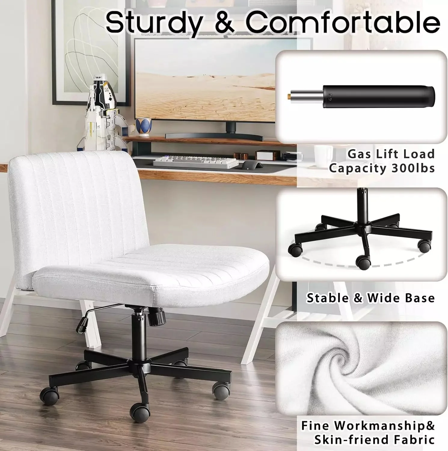 PUKAMI Armless Office Desk Chair with Wheels, Fabric Padded Cross Legged Chair - Image 40