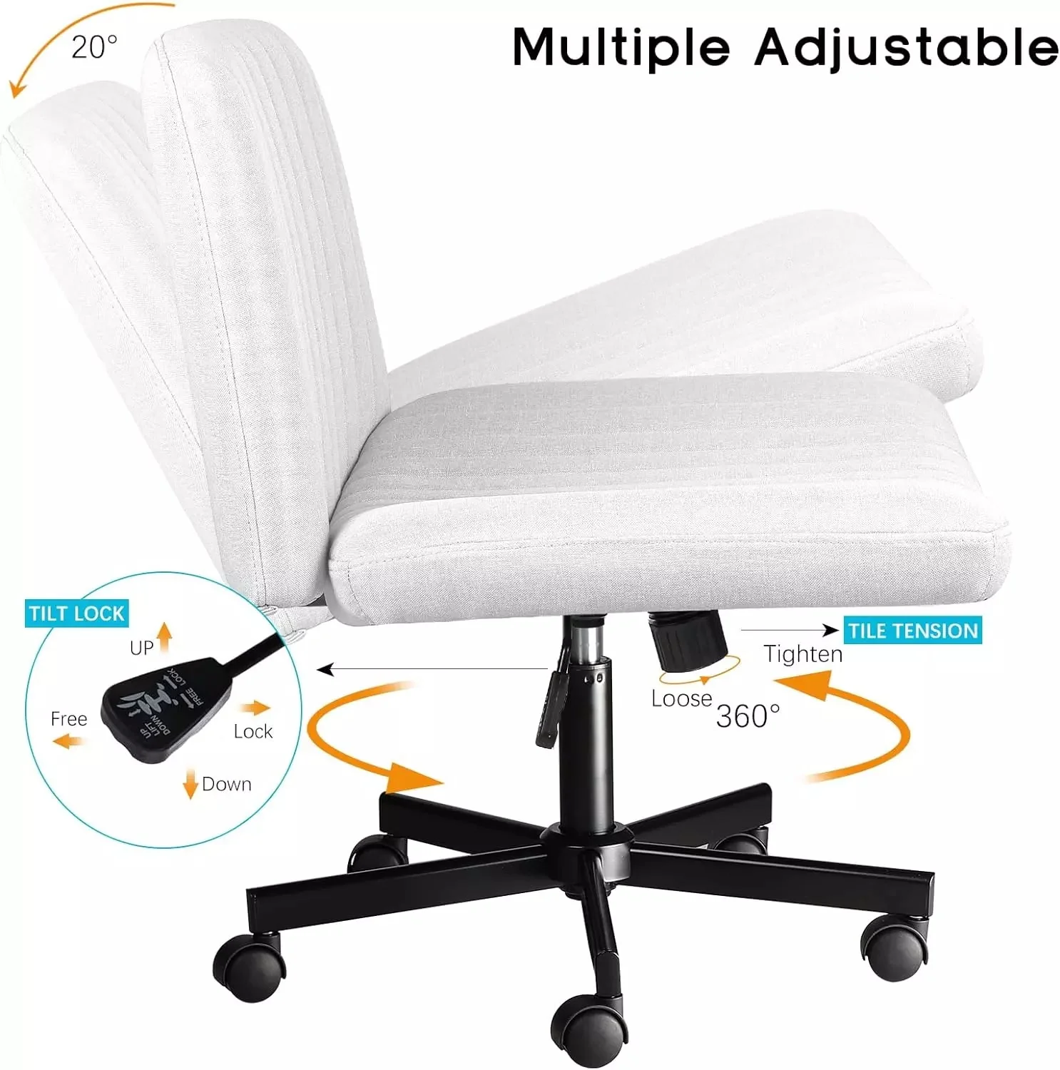 PUKAMI Armless Office Desk Chair with Wheels, Fabric Padded Cross Legged Chair - Image 41