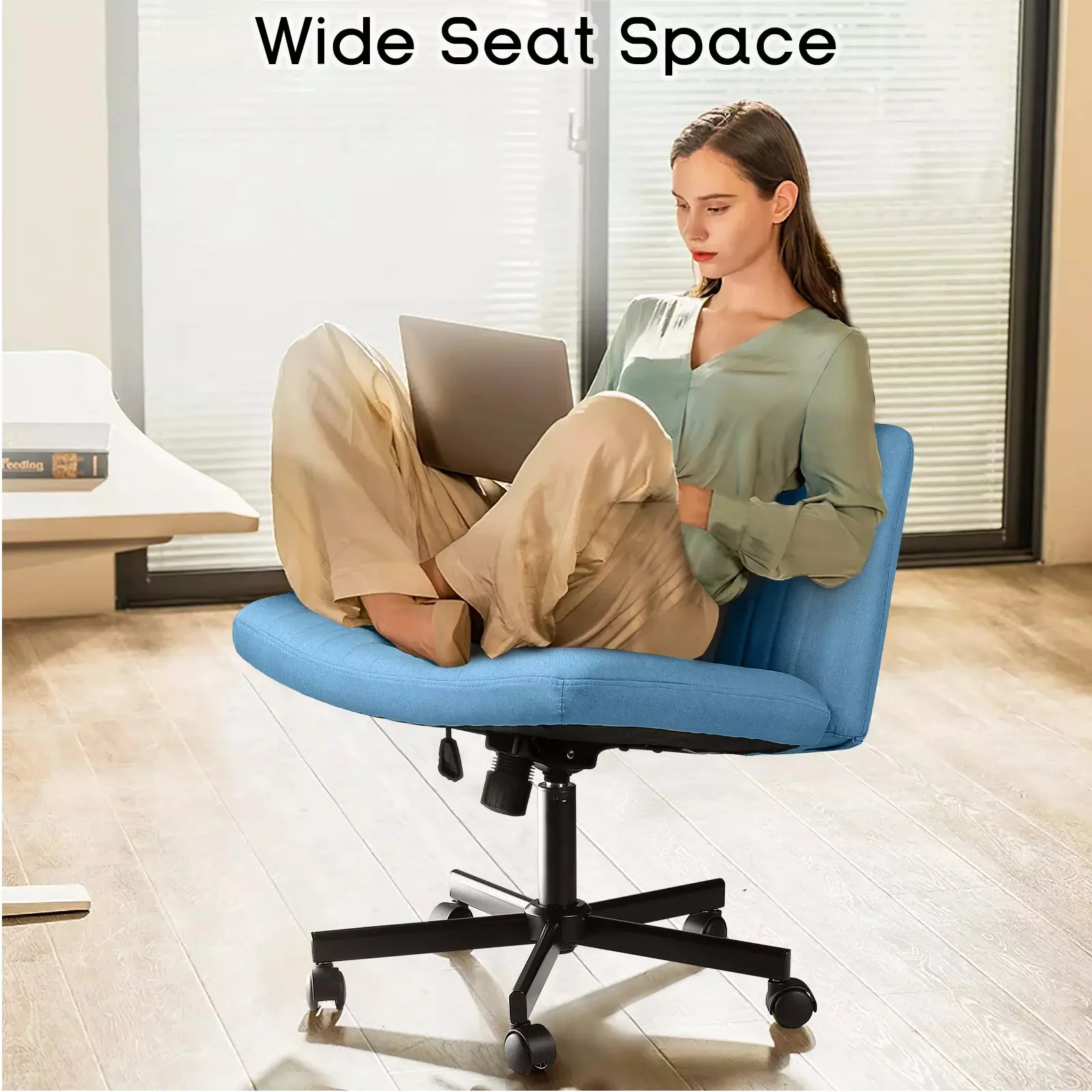 PUKAMI Armless Office Desk Chair with Wheels, Fabric Padded Cross Legged Chair - Image 44