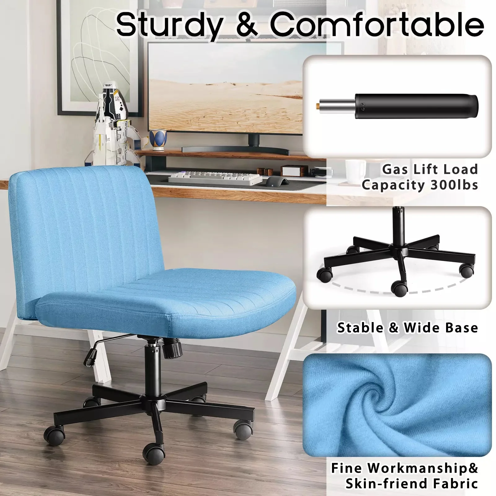 PUKAMI Armless Office Desk Chair with Wheels, Fabric Padded Cross Legged Chair - Image 47