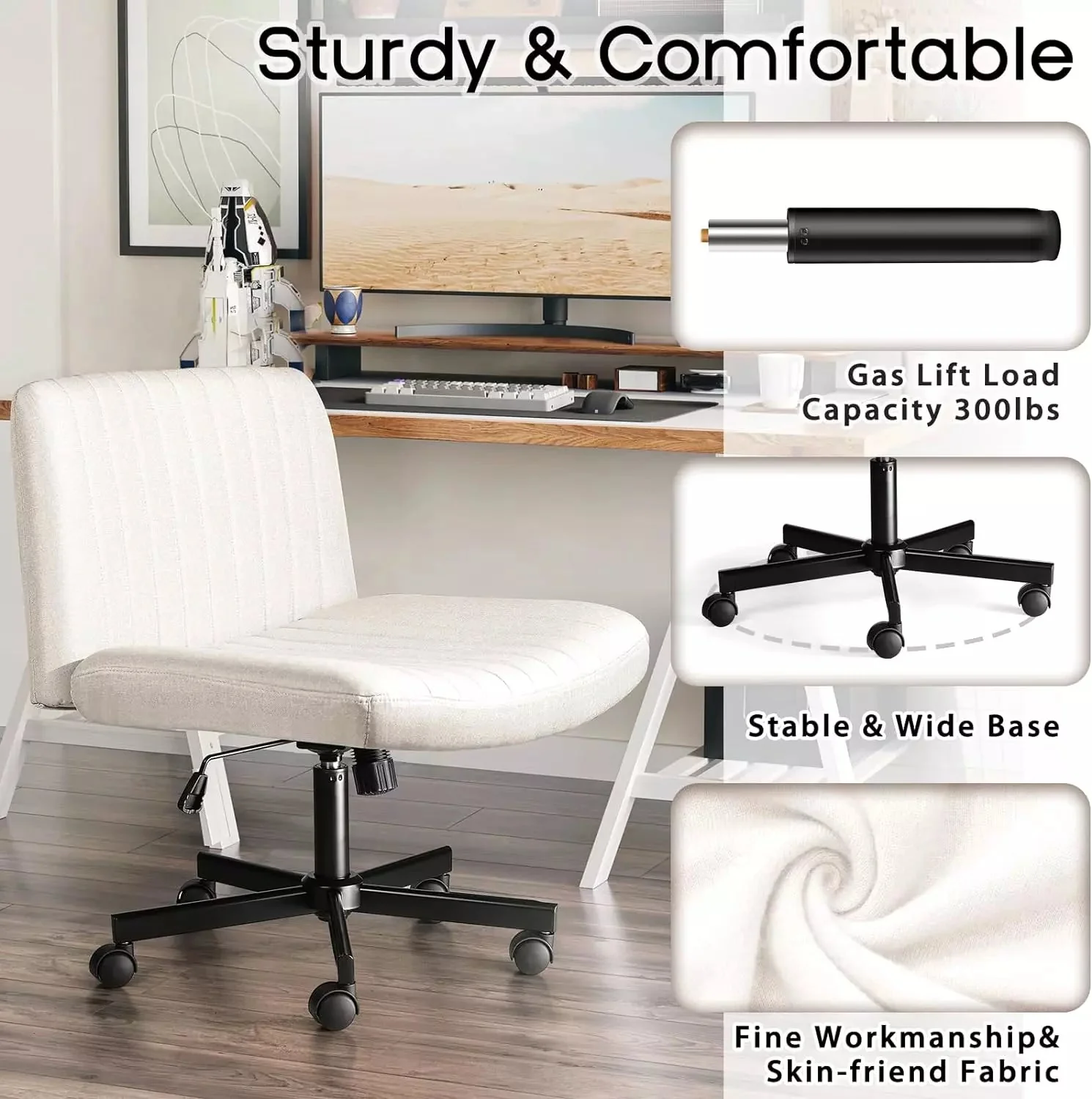 PUKAMI Armless Office Desk Chair with Wheels, Fabric Padded Cross Legged Chair - Image 5