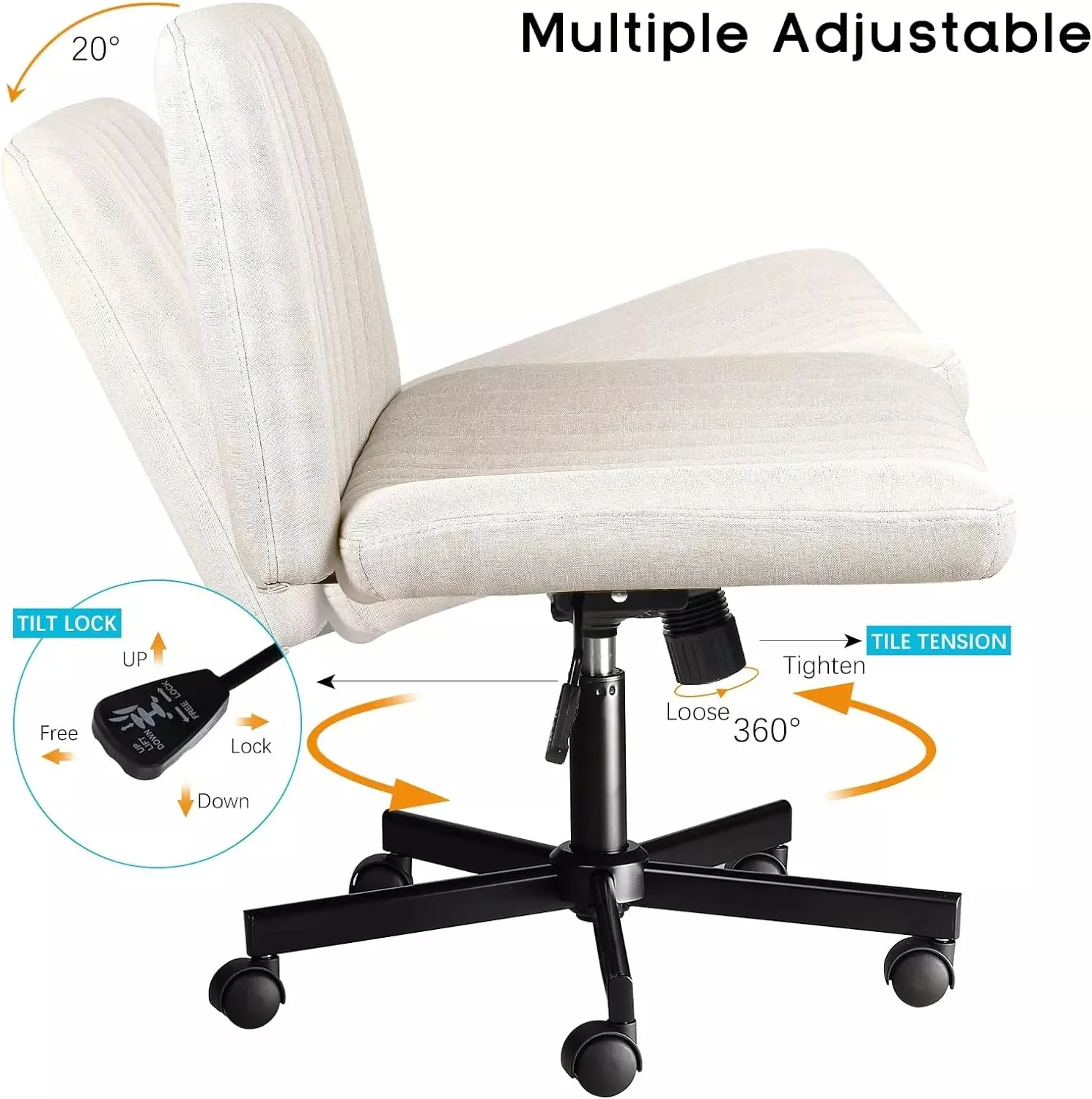 PUKAMI Armless Office Desk Chair with Wheels, Fabric Padded Cross Legged Chair - Image 6