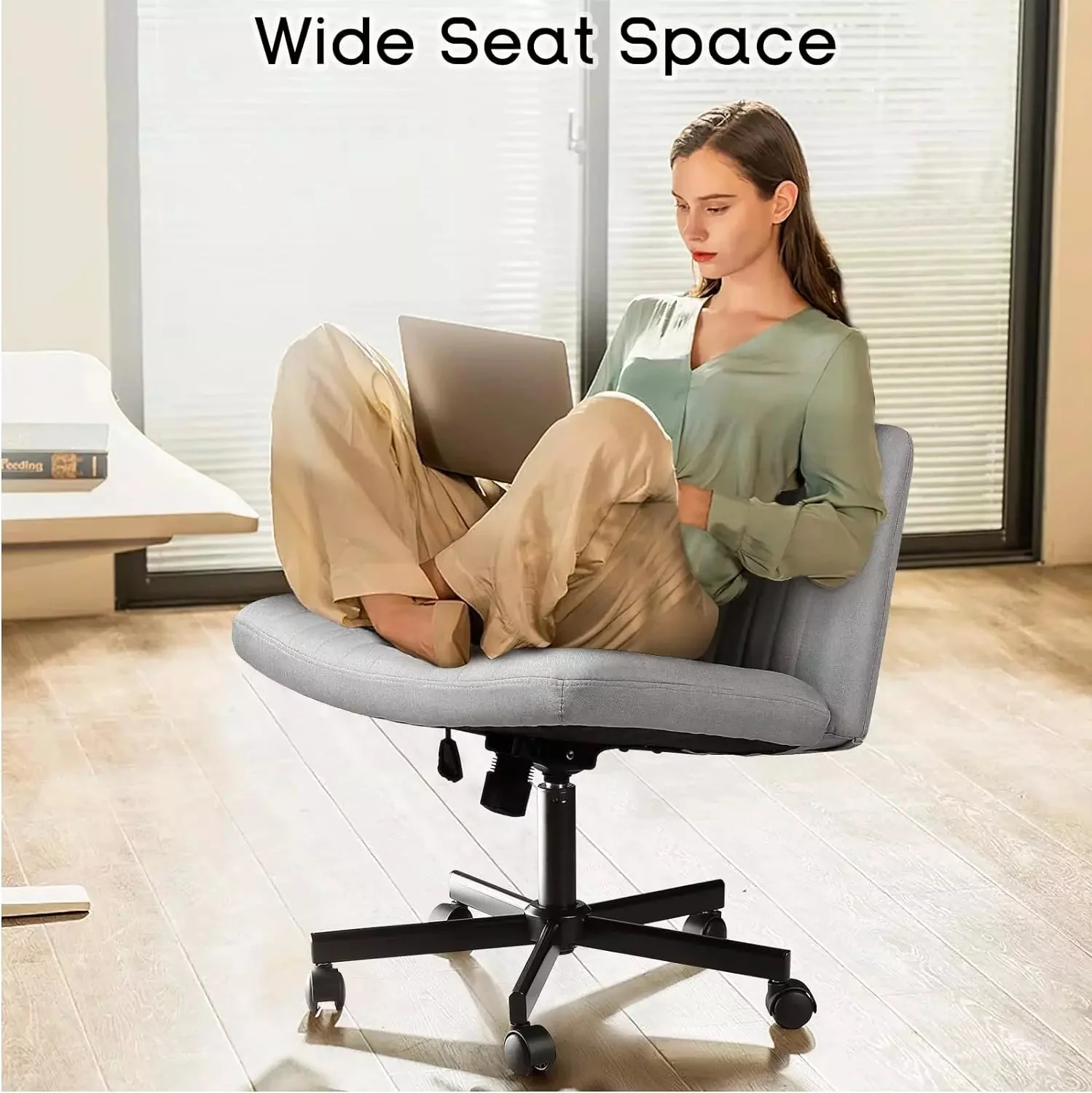 PUKAMI Armless Office Desk Chair with Wheels, Fabric Padded Cross Legged Chair - Image 9