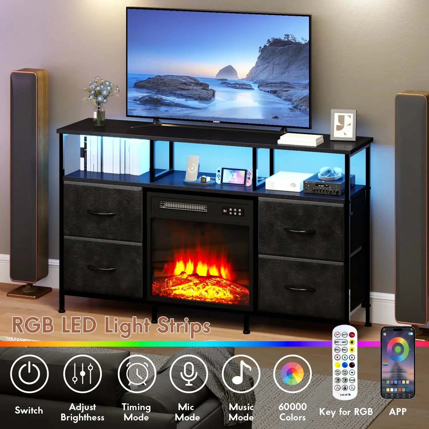 PUKAMI Fireplace TV Stand with 4 Fabric Drawers, TV Stand Dresser with LED Lights and Power Outlets, Fireplace Entertainment Center with Open Shelf for 43,50 Inch TV, for Living Room - Image 10